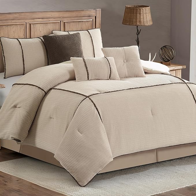 7 Piece Comforter Set Queen, Rust, Bed in a Bag, Corduroy Textured Bedding Set