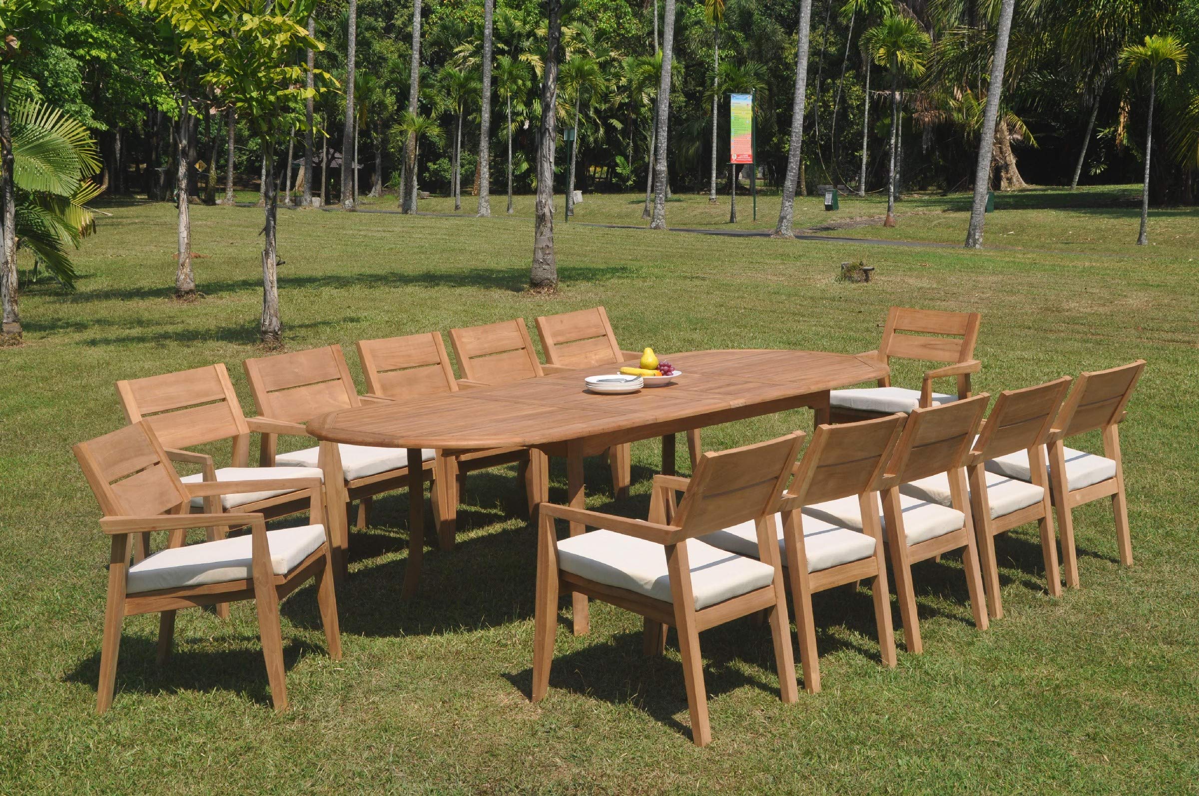 12 Seats 13 Pcs Grade-A Teak Wood Dining Set: 118" Double Extension Oval Table