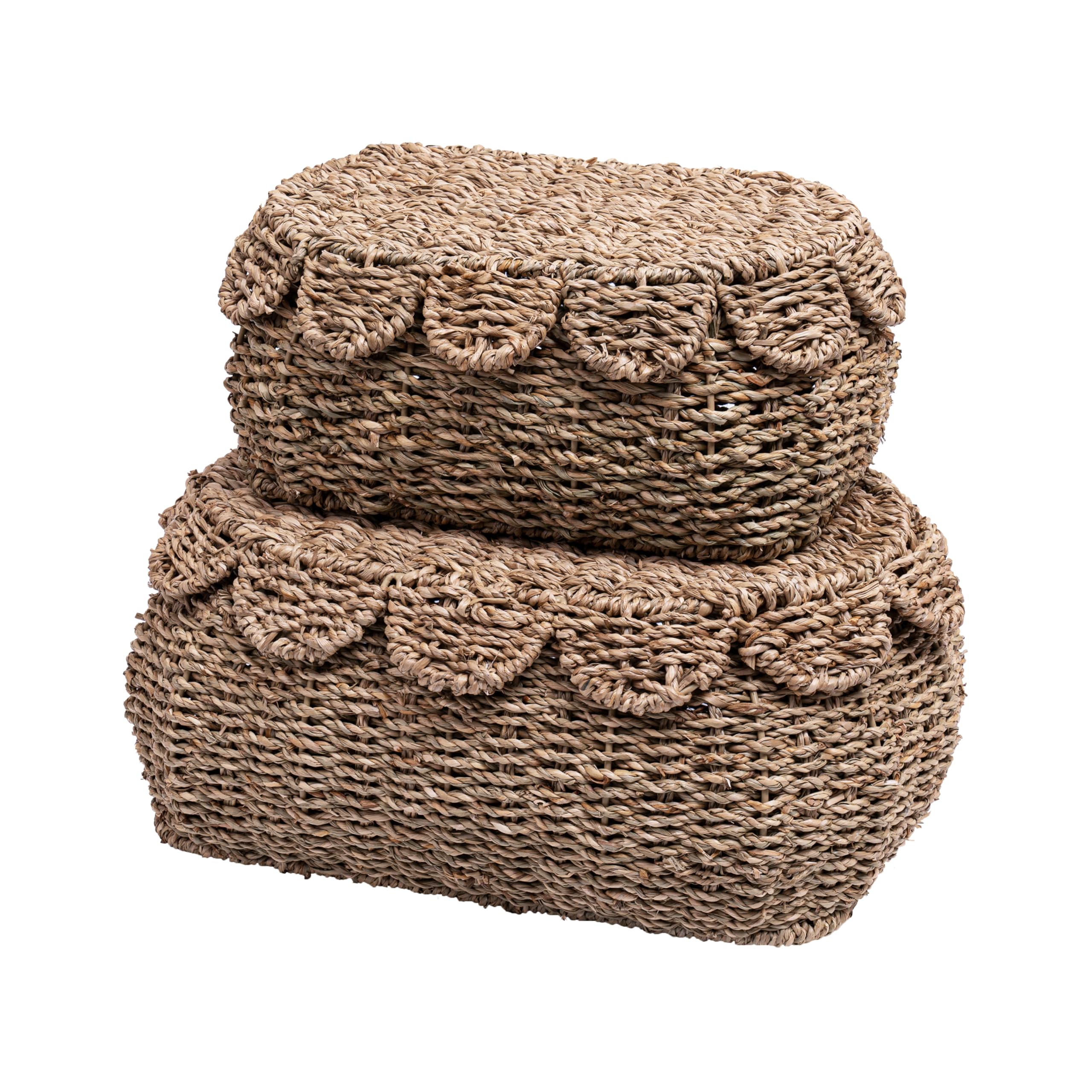 Set of 2 Hand Round Wicker Storage Baskets, Rattan Basket Decorative Boxes
