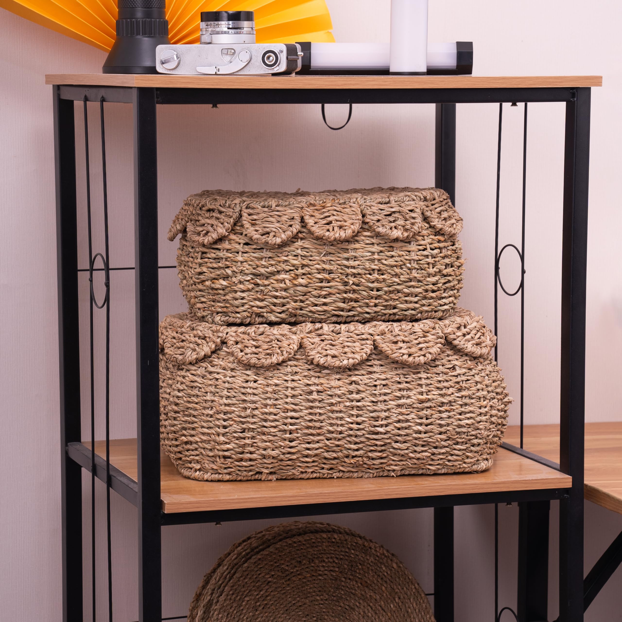 Set of 2 Hand Round Wicker Storage Baskets, Rattan Basket Decorative Boxes