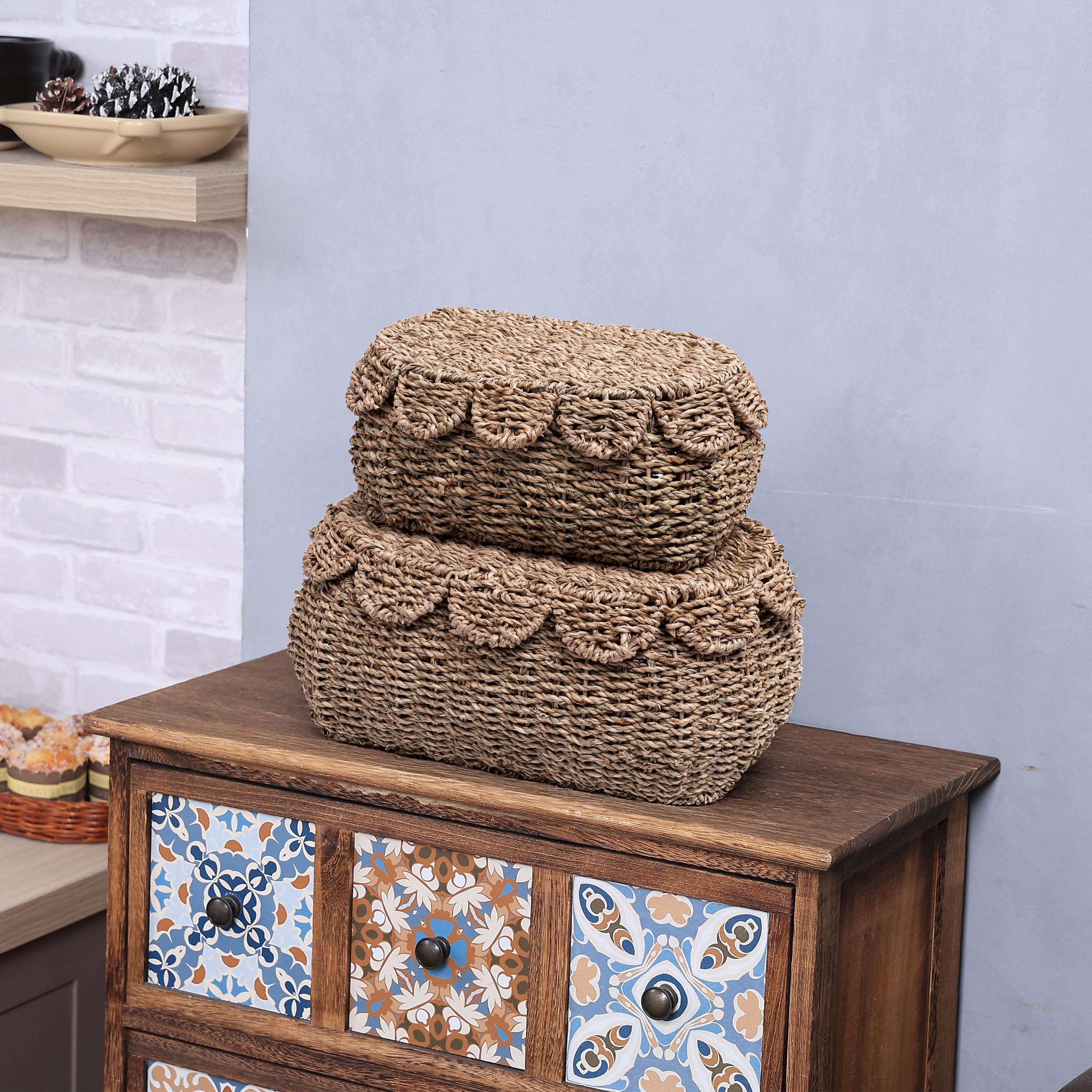 Set of 2 Hand Round Wicker Storage Baskets, Rattan Basket Decorative Boxes
