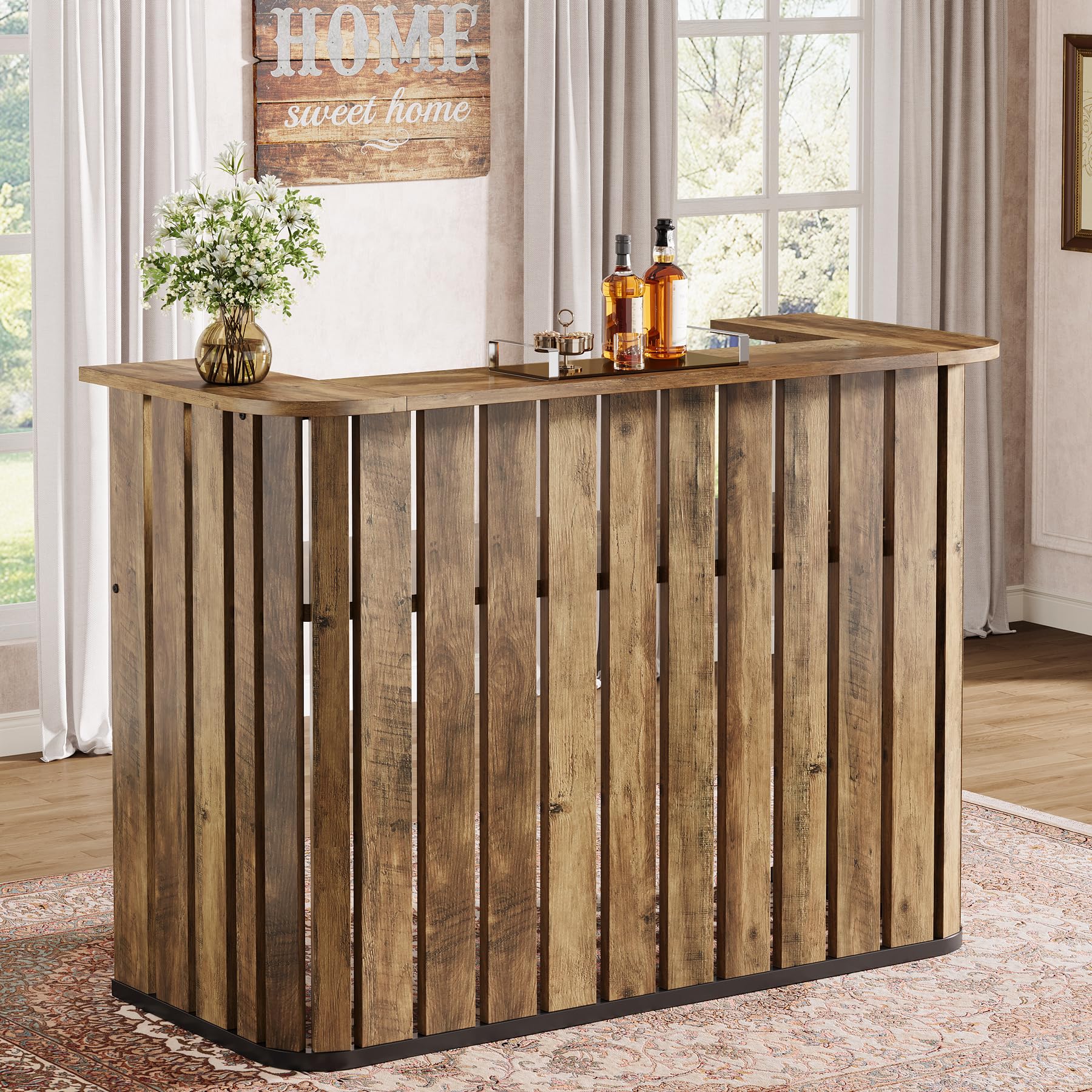 63-Inch Home Bar Unit, Farmhouse Liquor Bar Table with Storage Shelves