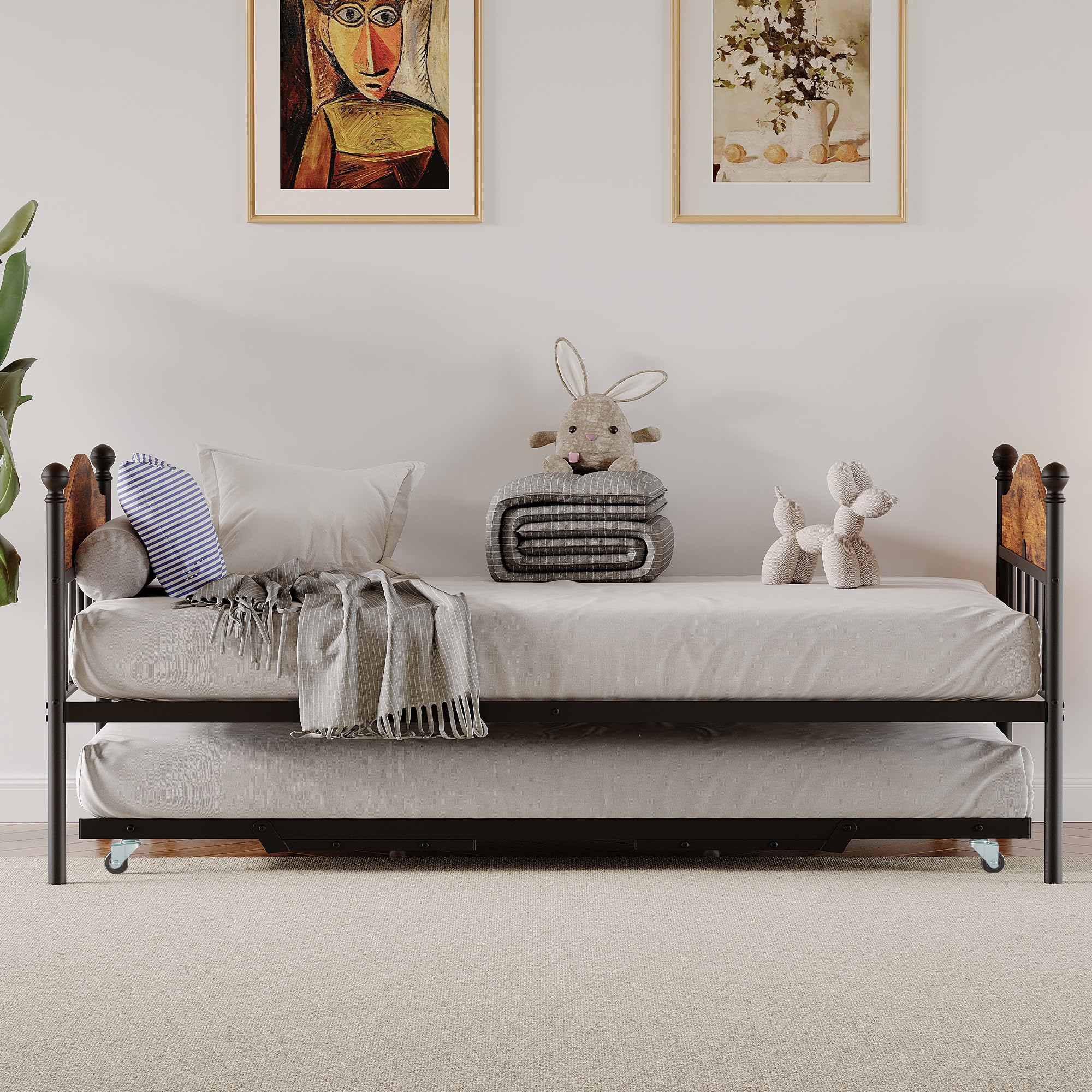 Daybed With Trundle, Metal Twin Size Day Bed With Stylish Headboard, Sofa Bed Frame