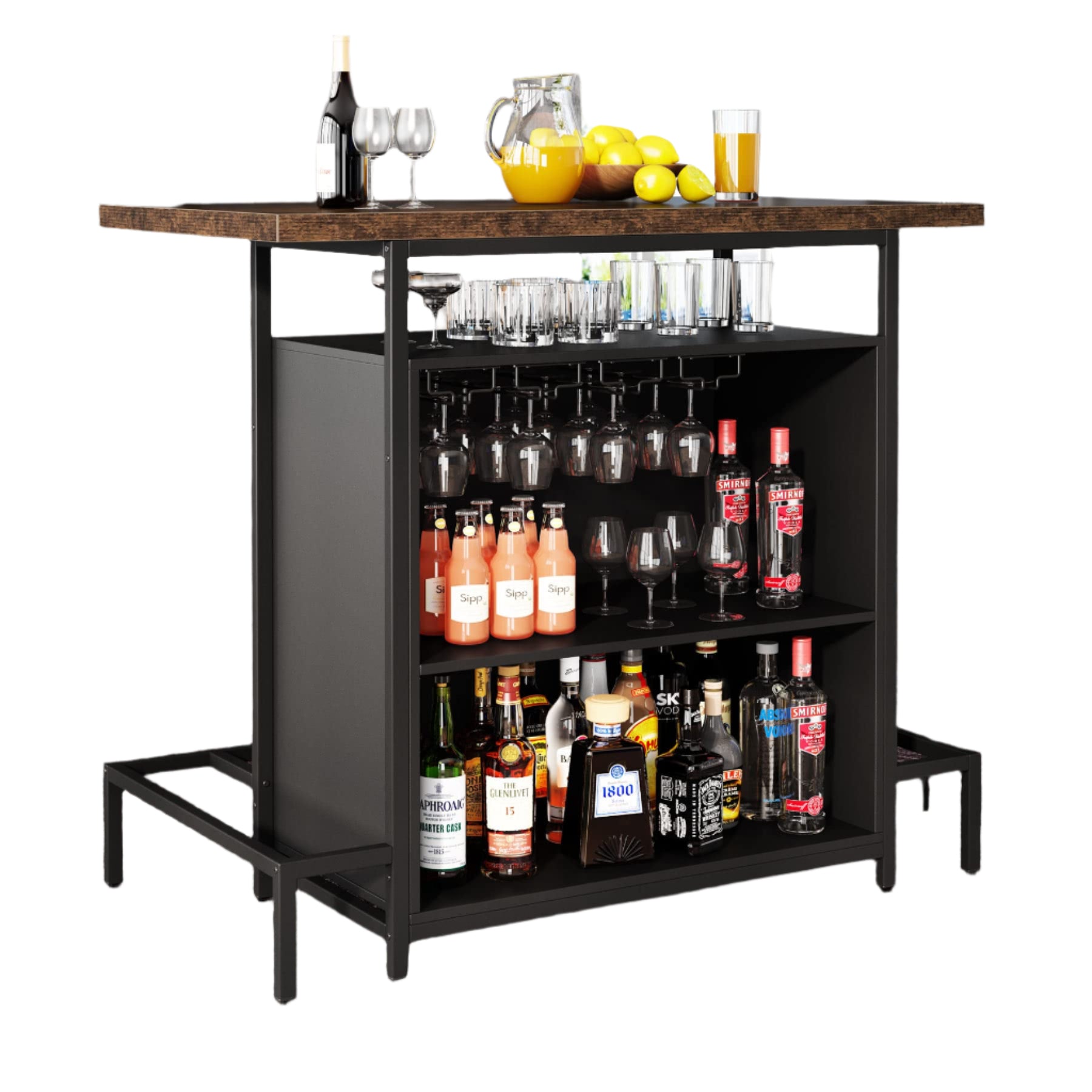 Home Bar Unit, Industrial 3-Tier Liquor Bar Table with Glasses Holder and Wine