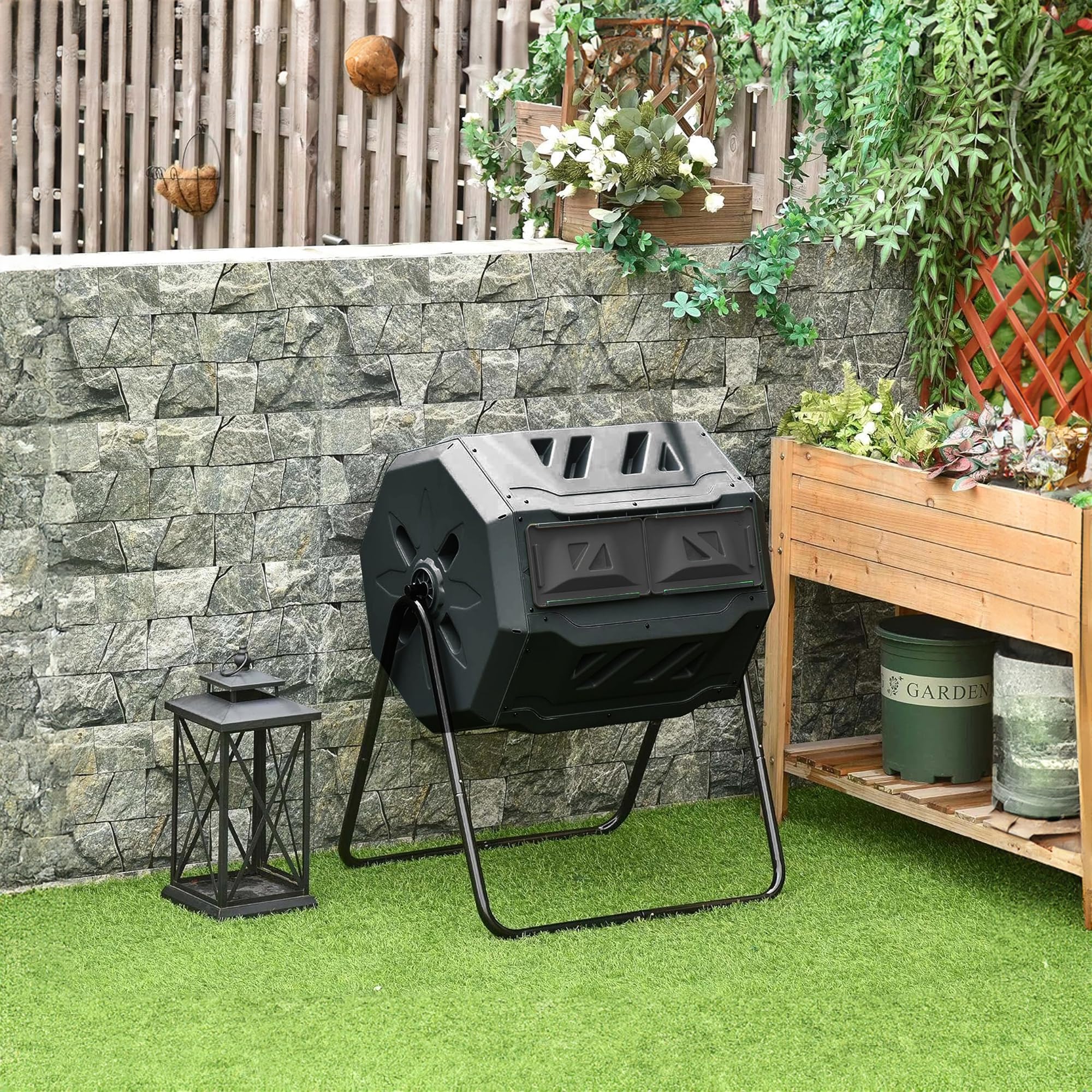 Compost Bin Outdoor, 43 Gallon Dual Chamber Tumbling Composting Bin