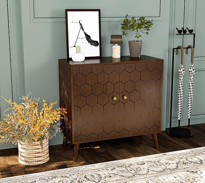 Accent Cabinet with Doors and Shelf, Rustic Boho Decorative Buffet Sideboard
