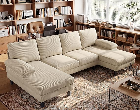 Sectional Couch, 111'' W Corduroy U Shaped Sofa