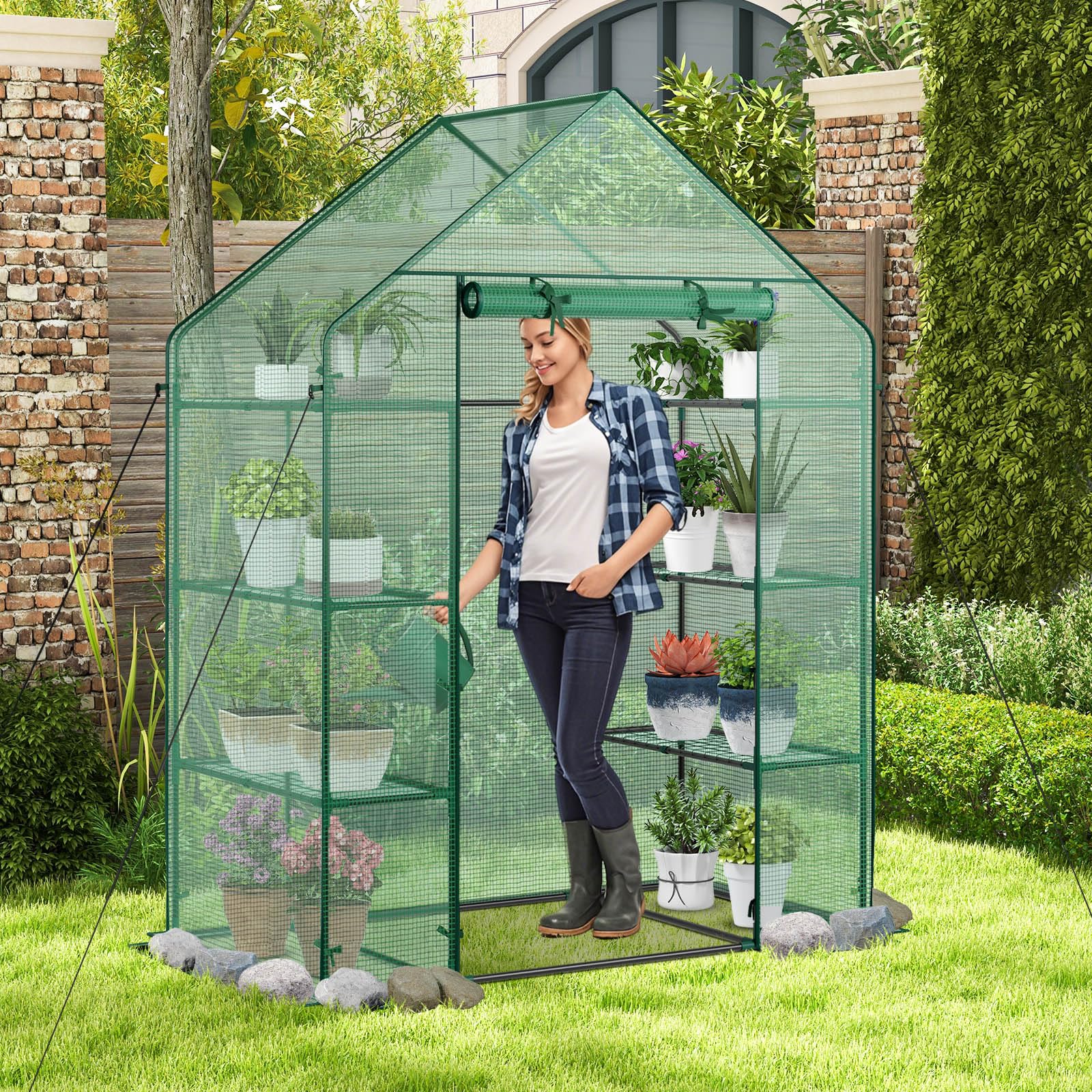 Walk-in Greenhouse, Potable Greenhouse with Roll-up & Zippered Door, PE Cover, 4 Tier