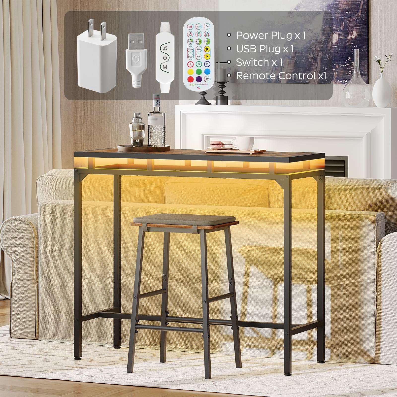 Bar Table with LED Lights, Counter Height Bar Height Table, Pub Gaming Table