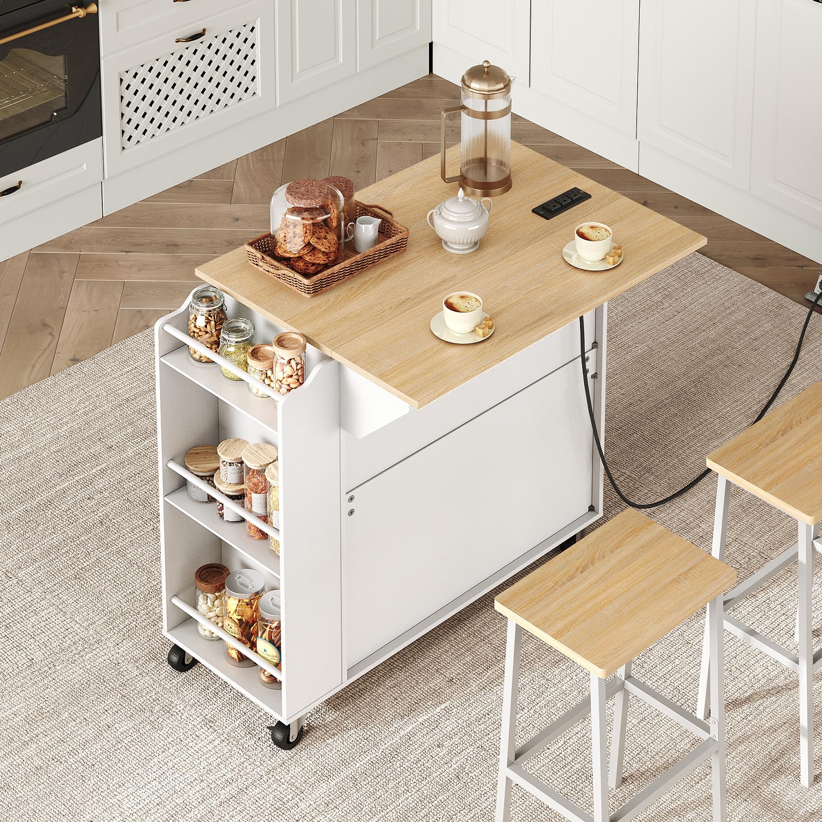 Kitchen Island with Power Outlets & Drop Leaf, Rolling Kitchen Cart on Wheels