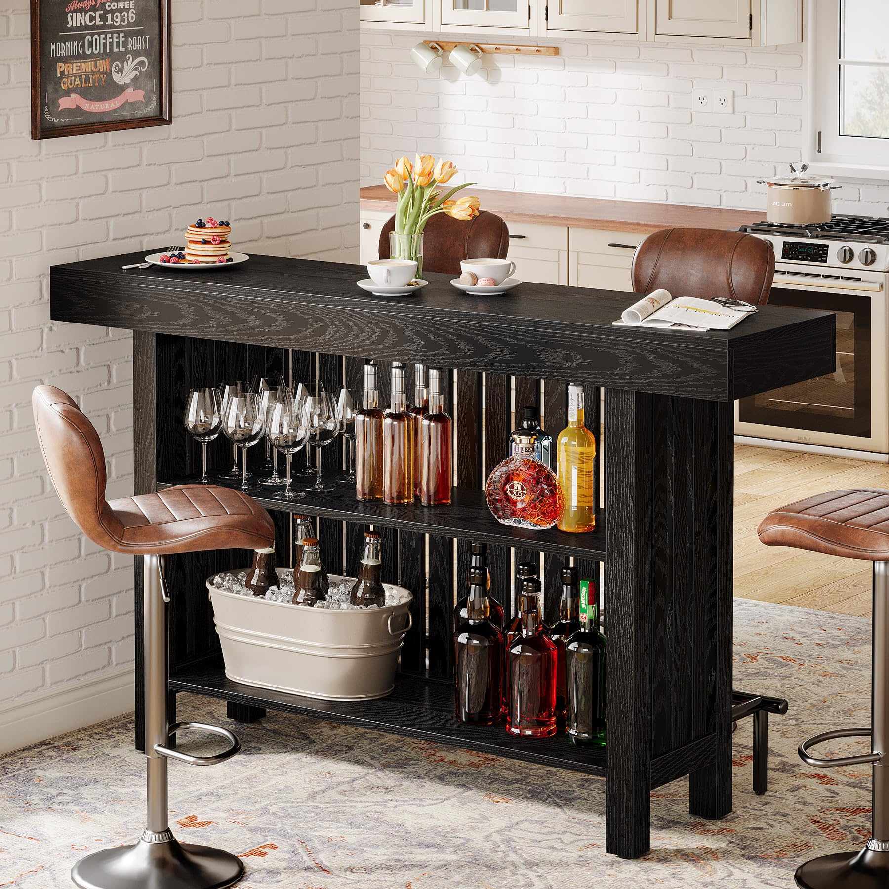 63-Inch Large Home Bar Unit, 2-Tier Mini Bar Table Height Pub Table with Footrest