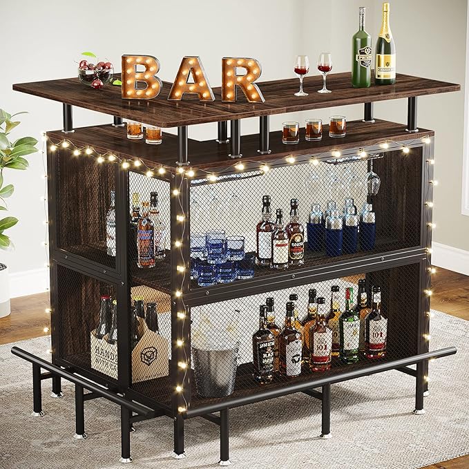 Home Bar Unit, L-Shaped Bar Table with Stemware Racks and 2-Tier Shelves