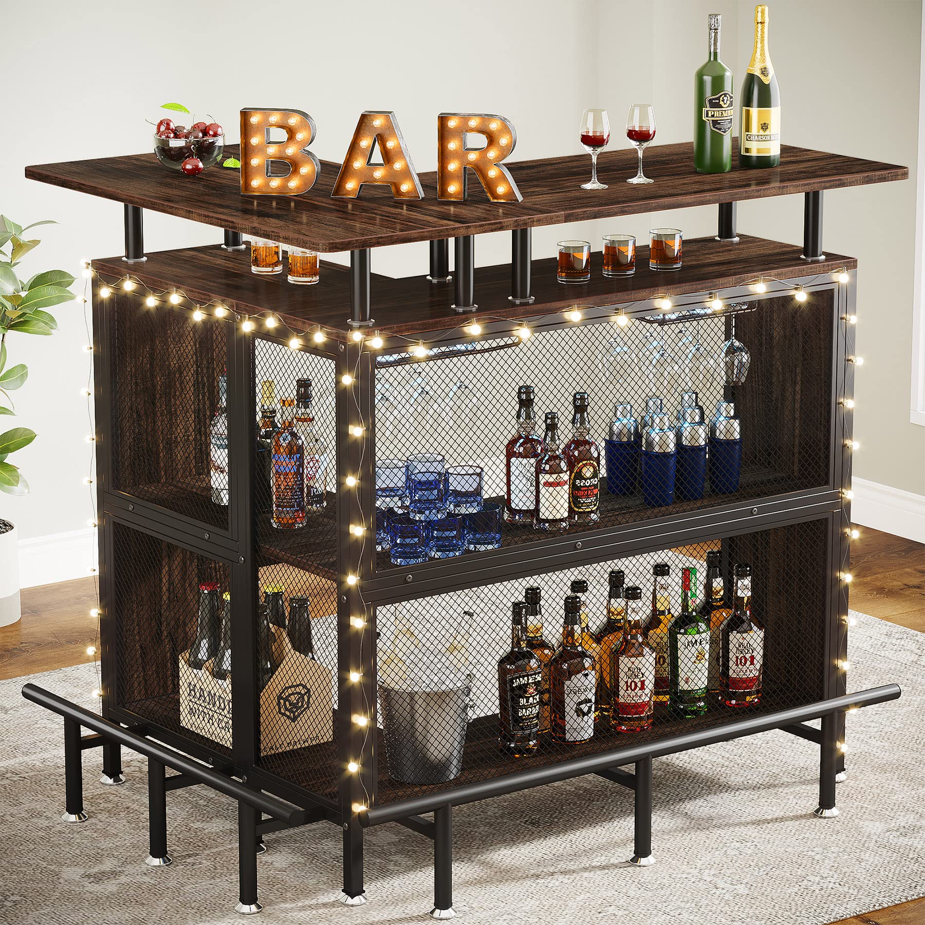 Home Bar Unit, L-Shaped Bar Table with Stemware Racks and 2-Tier Shelves