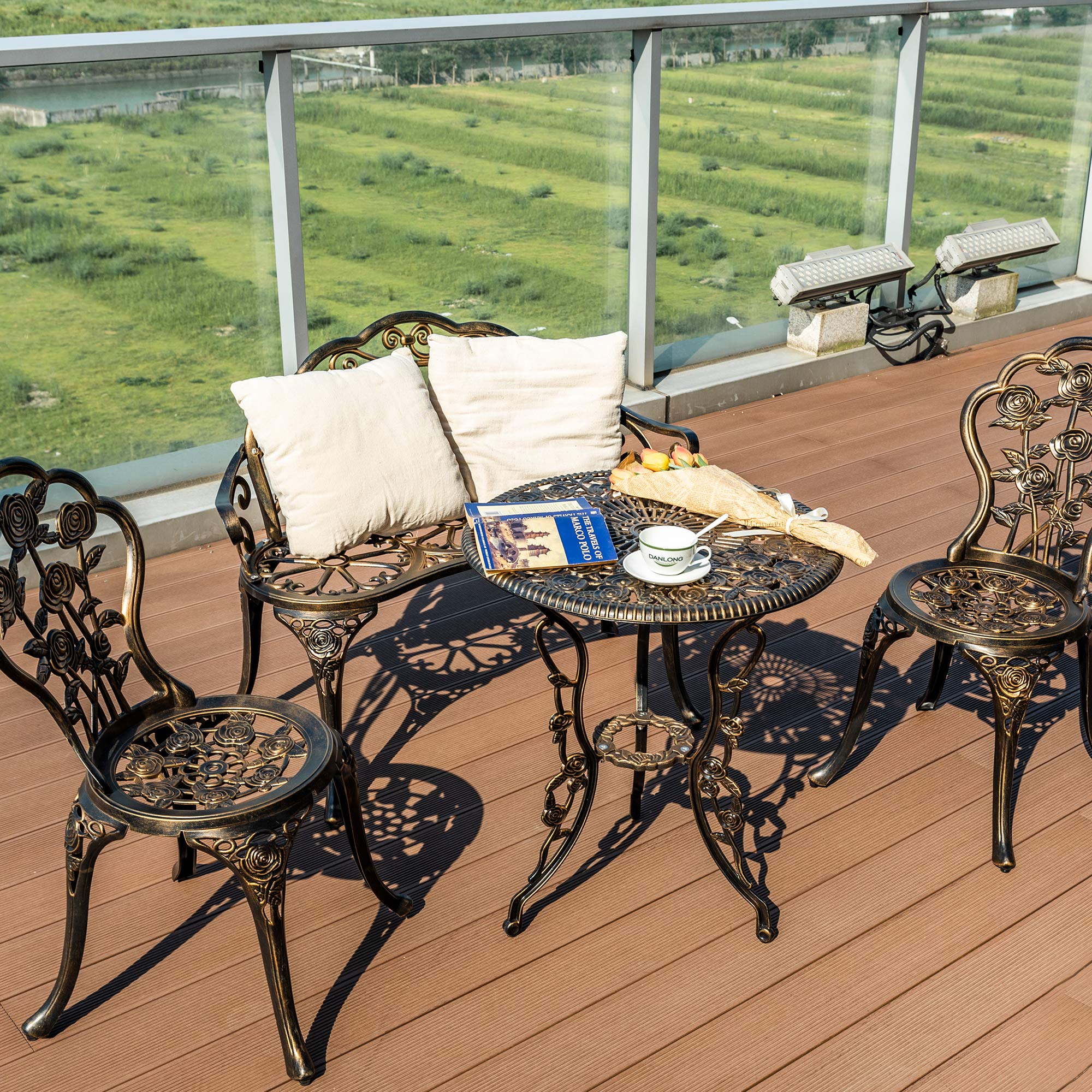 Cast Aluminum Bistro Set of 4, Patio Rose Table and Chair Set with Umbrella Hole