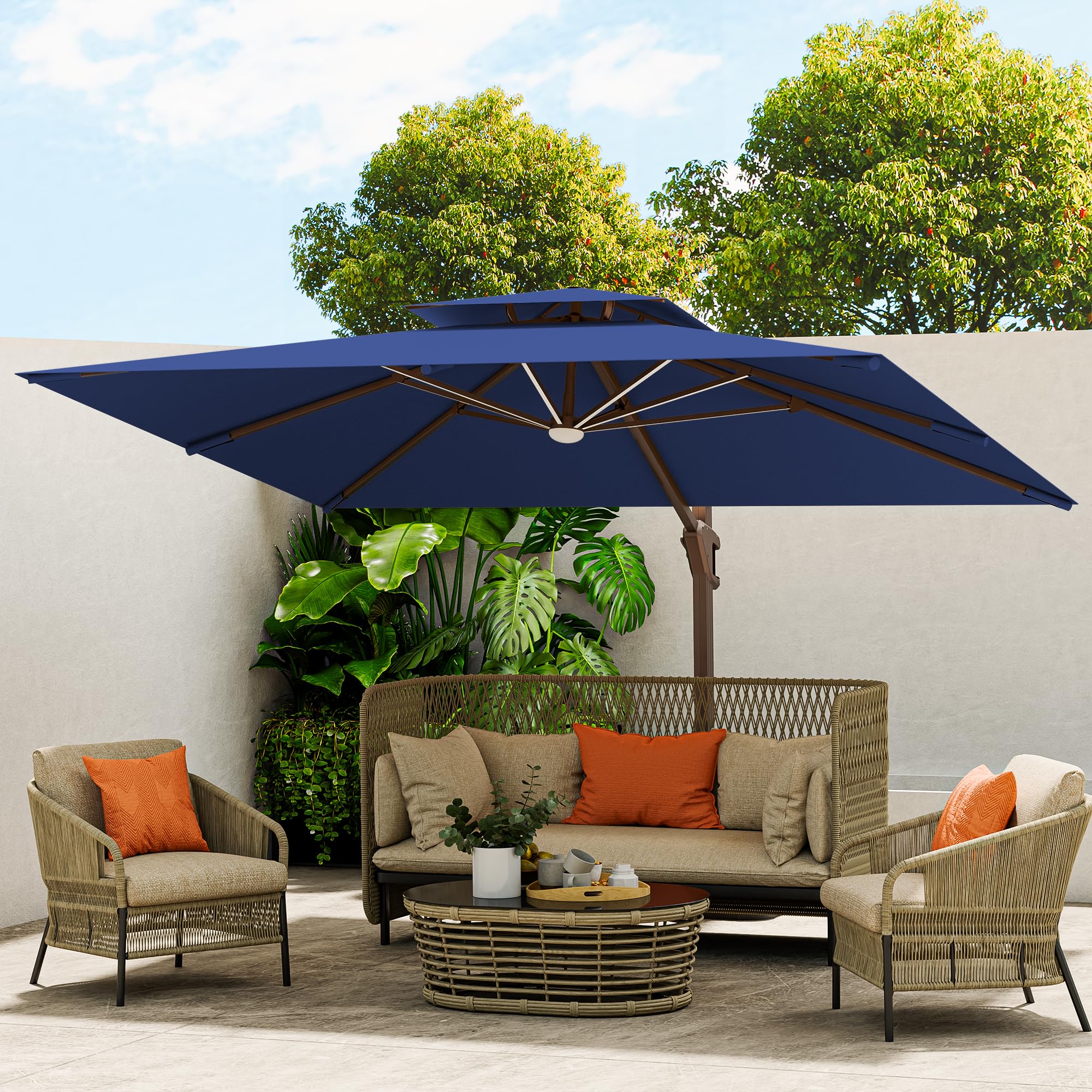 10 X 13 FT Cantilever Outdoor Patio Umbrella with Led Lights Large Heavy Duty 360° Rotation