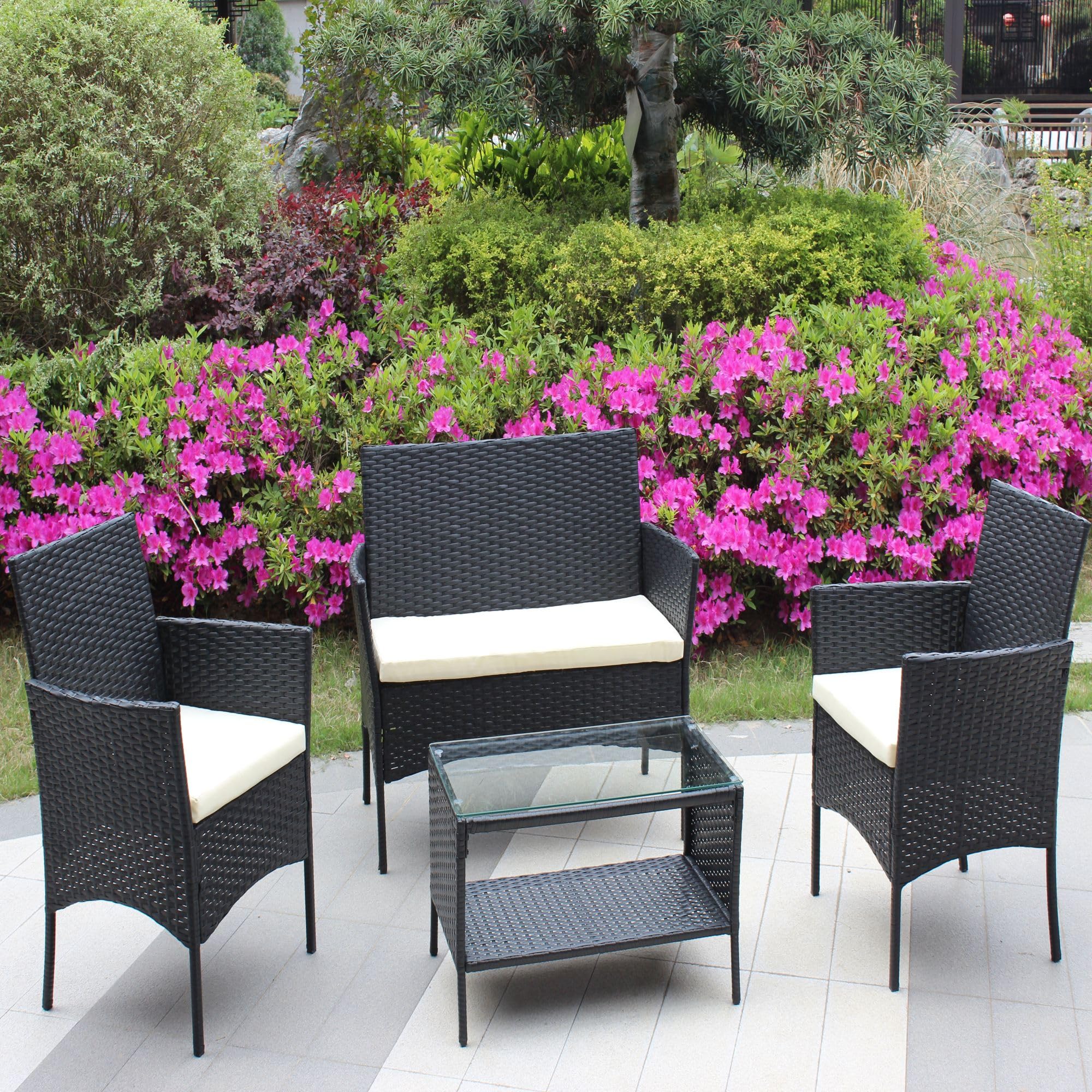 4 Piece Outdoor Rattan Furniture Set Patio Wicker Sofa Conversation Set, Outdoor Seating