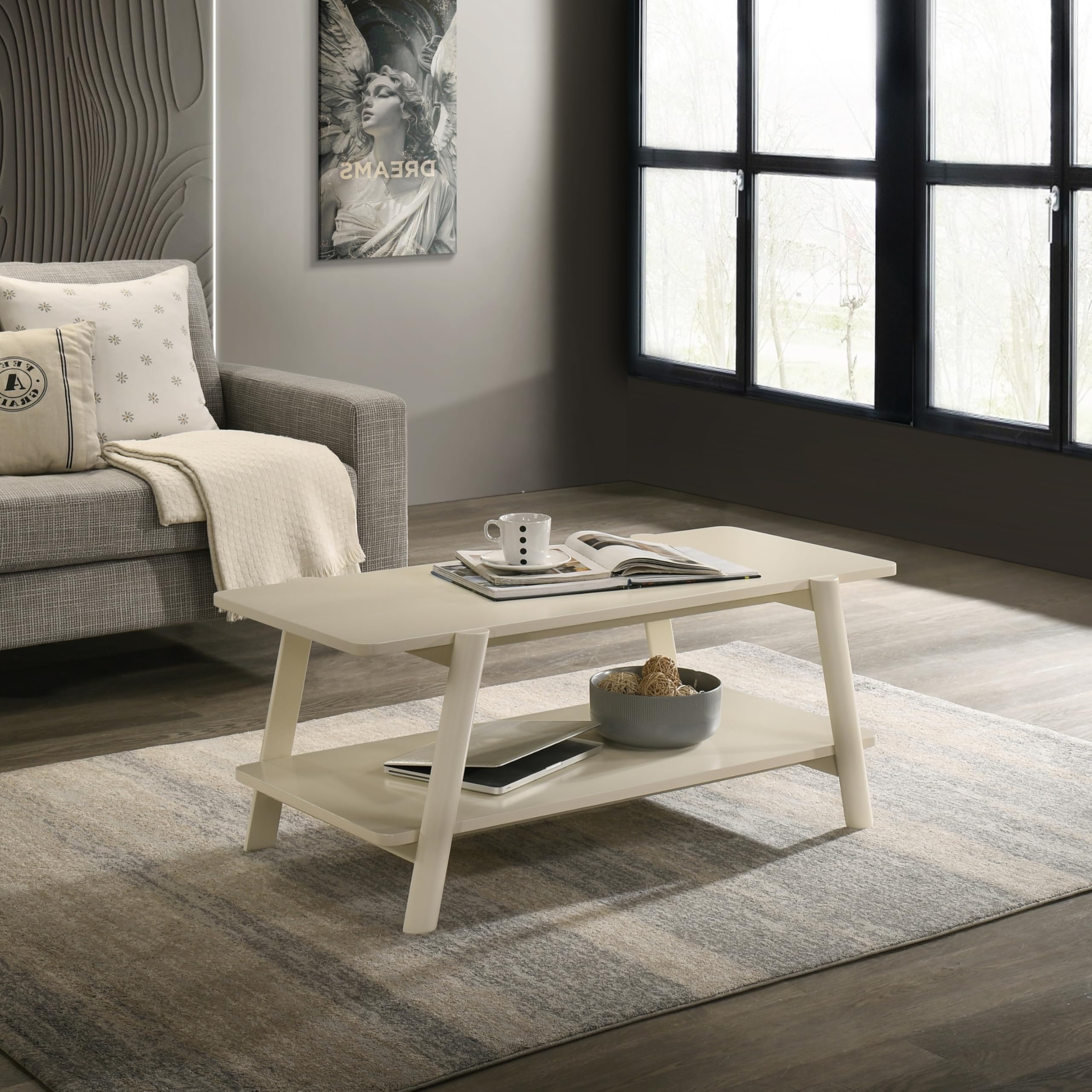 Metz Mid-Century Modern Wood Shelf Coffee Table, Off-White Finish
