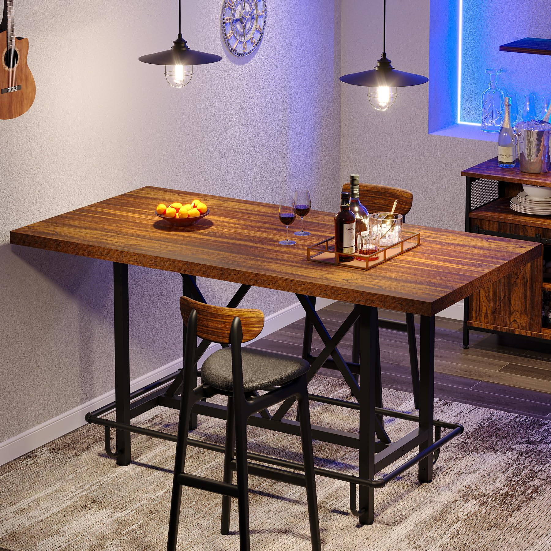 Bar Table, Industrial Counter Height Pub Table with Metal Footrest