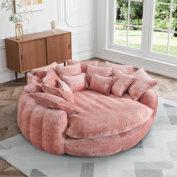 81.1" W Oversized Round Chaise Lounge, Fluffy Lazy Bean Bag Sofa,living room