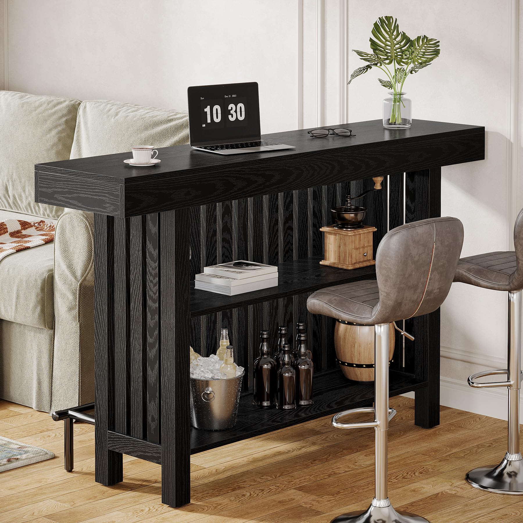 63-Inch Large Home Bar Unit, 2-Tier Mini Bar Table Height Pub Table with Footrest