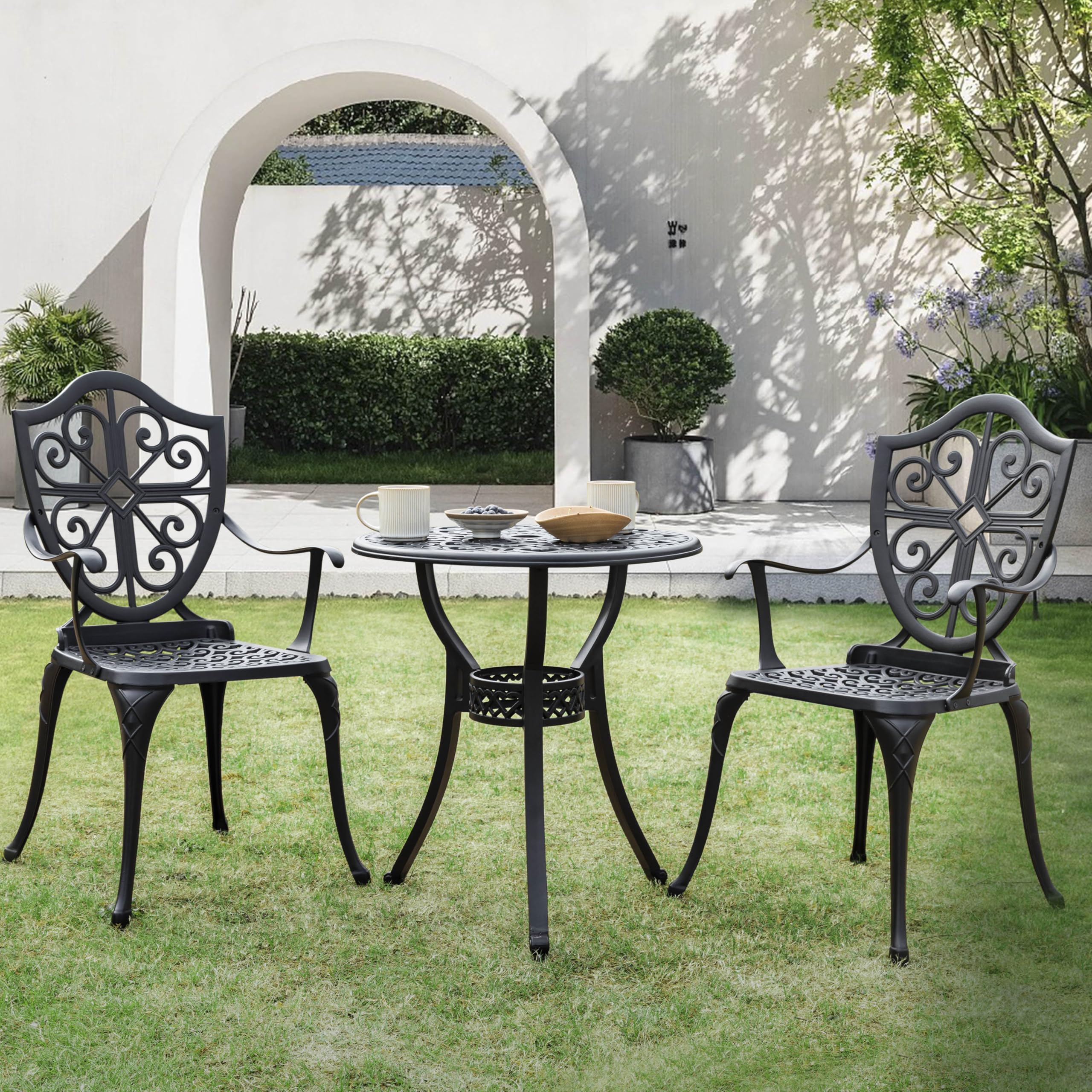Bistro Set 3 Piece Outdoor, Cast Aluminum Patio Bistro Sets with Umbrella Hole