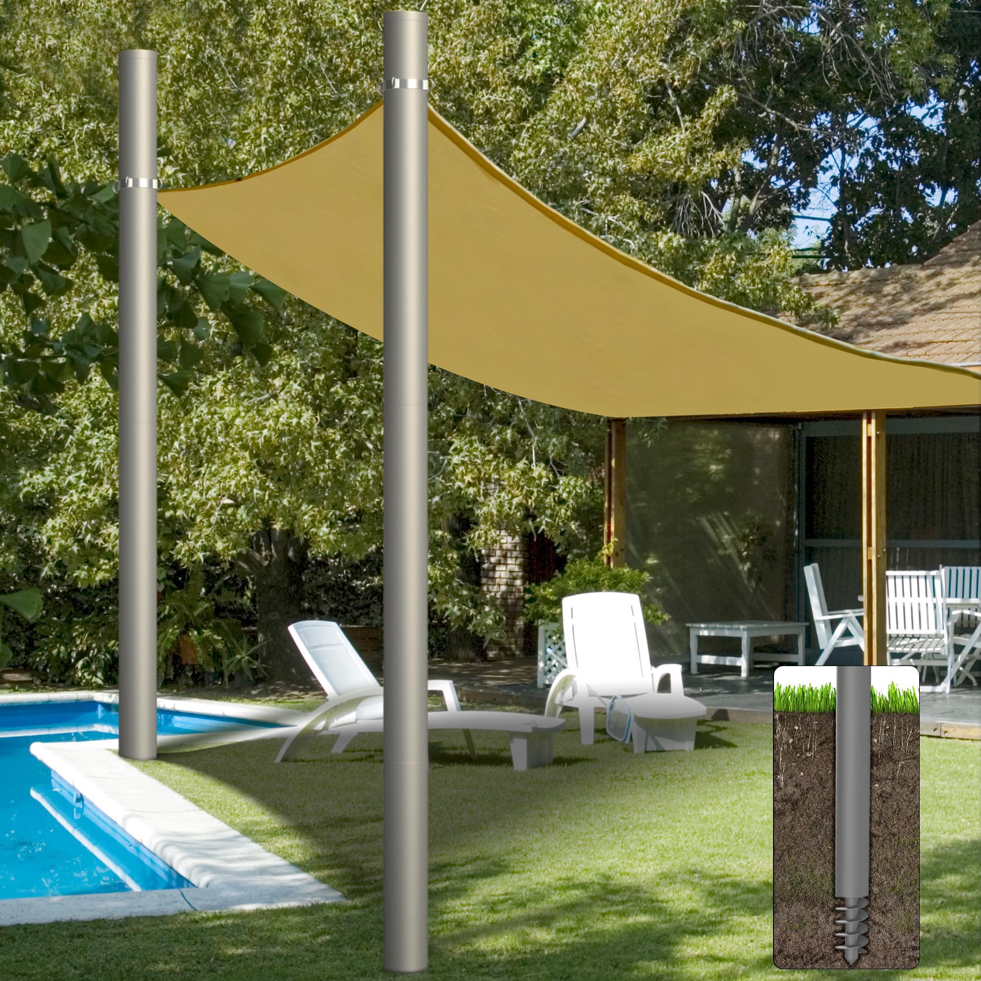 Shade Sail Poles, Heavy Duty Sun Shade Poles, Screw in Poles for Sun Shades Outdoor, 12 Ft