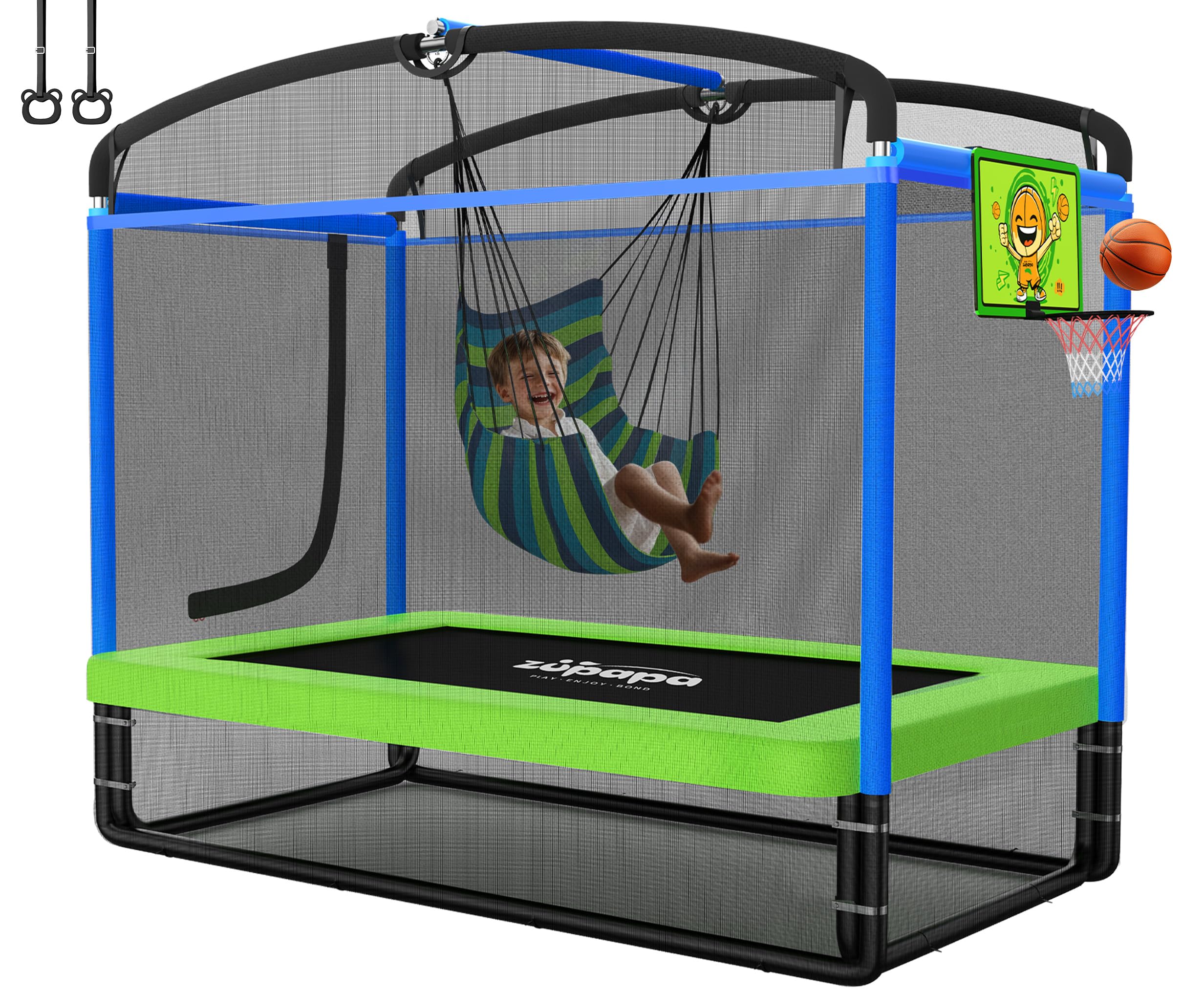 5 in 1 Rectangle Kids Trampoline 6FT with Hammock Chair, Basketball Hoop