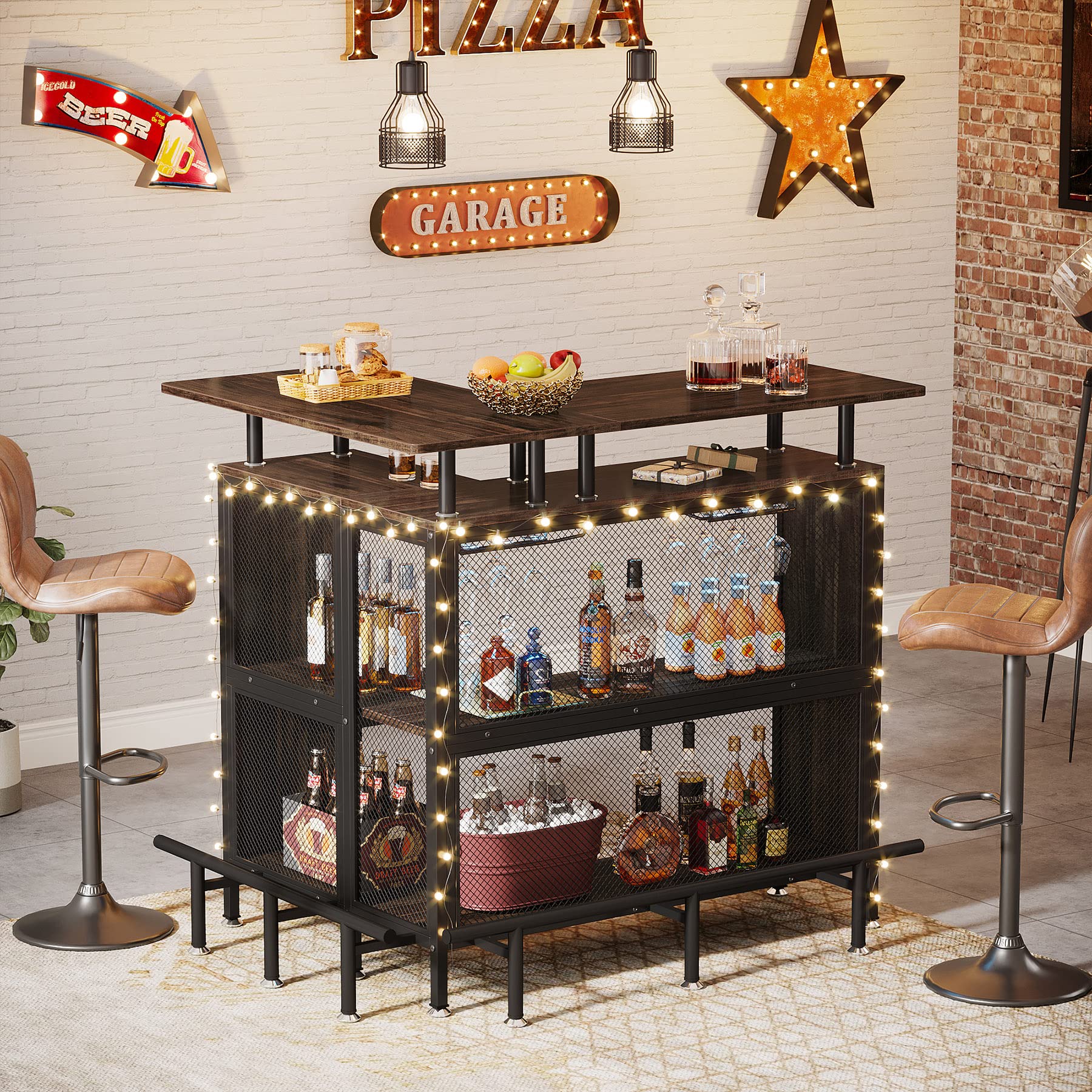 Home Bar Unit, L-Shaped Bar Table with Stemware Racks and 2-Tier Shelves