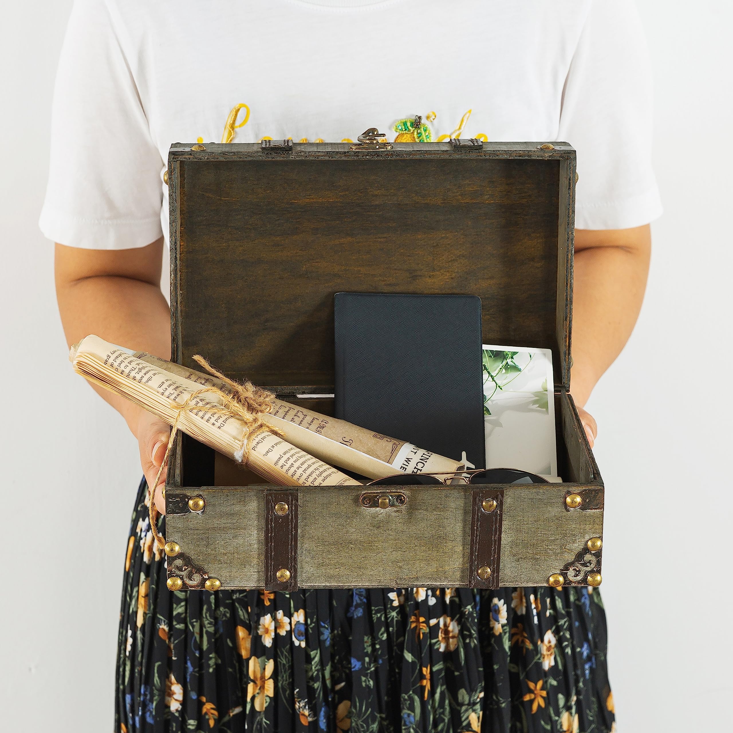 Soul & Lane Westminster Wood Decorative Storage Trunks - Set of 2, Small Wooden Boxes with Hinged Lids, Vintage Suitcases for Keepsakes and Home Décor, Antique Rustic Luggage Chests