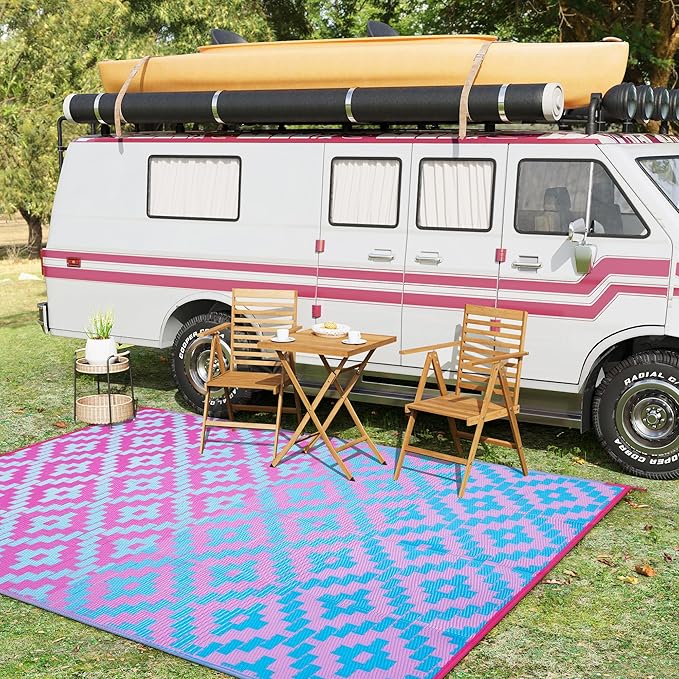 Ombre Outdoor Area Rugs 8x10 Waterproof, Reversible Plastic Straw Outside Rug