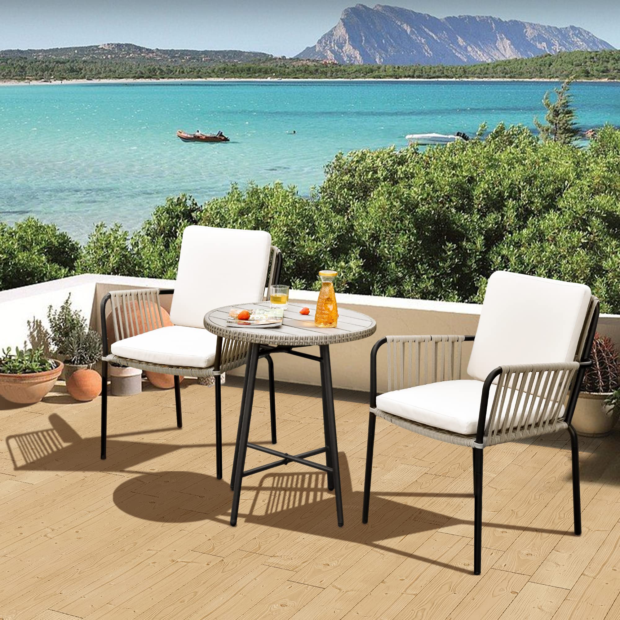 Outdoor Dining Chair Set of 2, All-Weather Rope & Wicker Rattan Woven Patio Chairs
