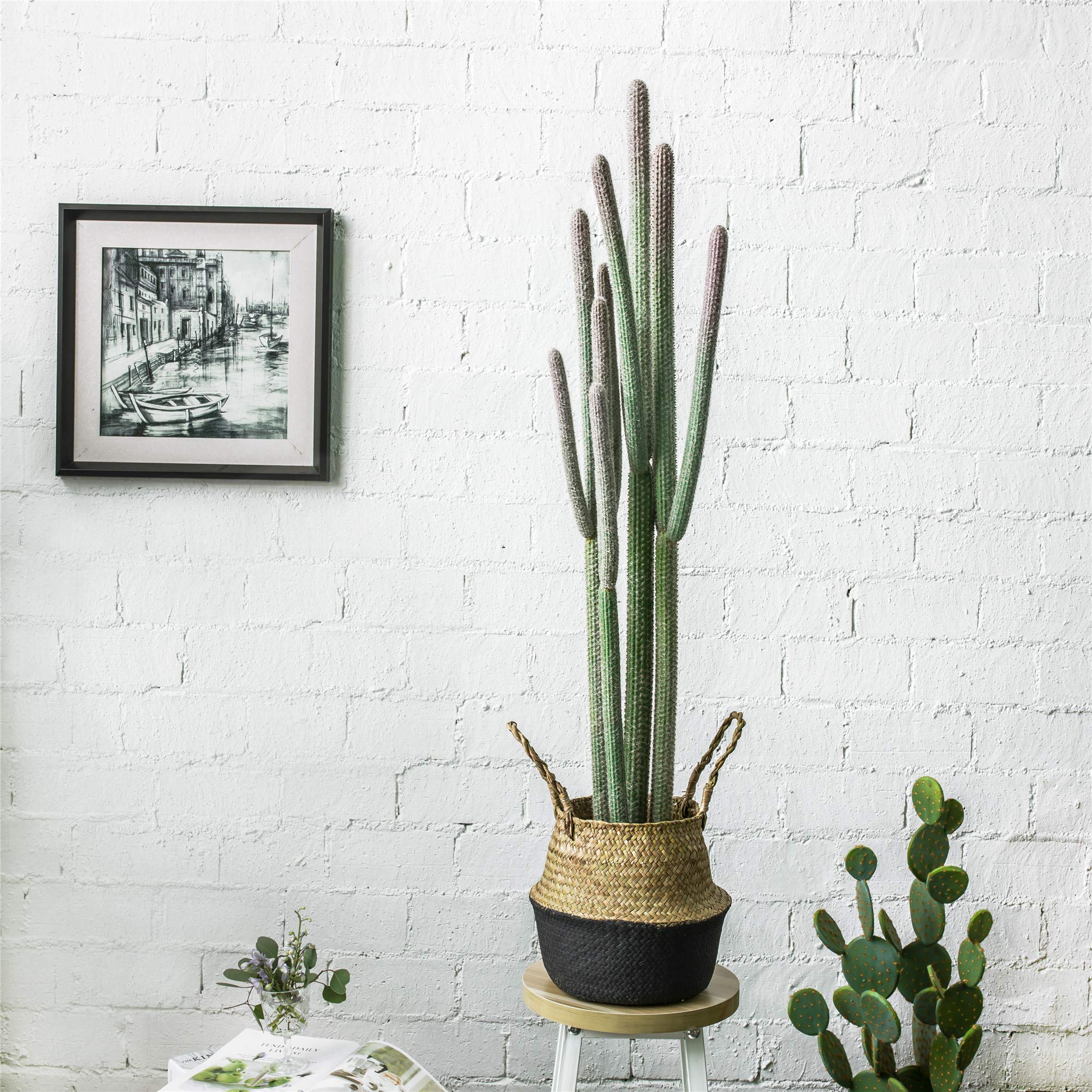 4ft (48 Inch) Tall Artificial Cactus in Plastic Planter with Seagrass Basket - Faux Small