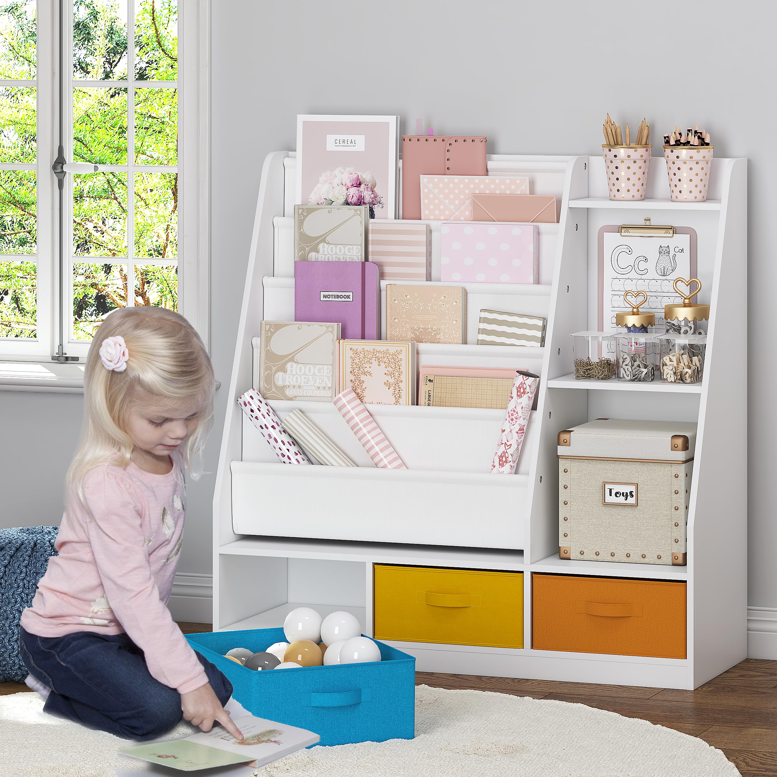 5-Tier Kids Sling Bookshelf with Storage Bins, Wood Children Bookcase