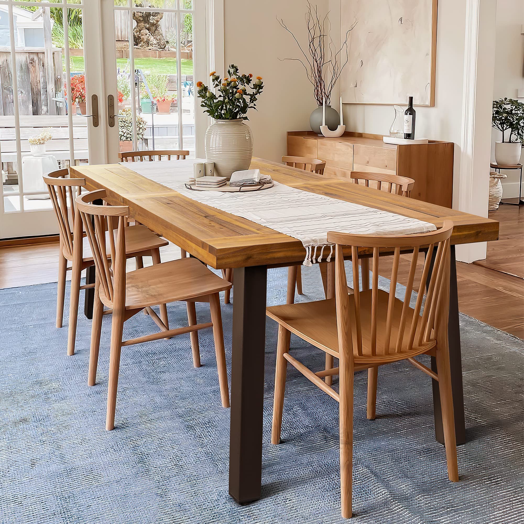 Home Acacia Wood Dining Table 6-Person Indoor Outdoor Table with Iron Legs