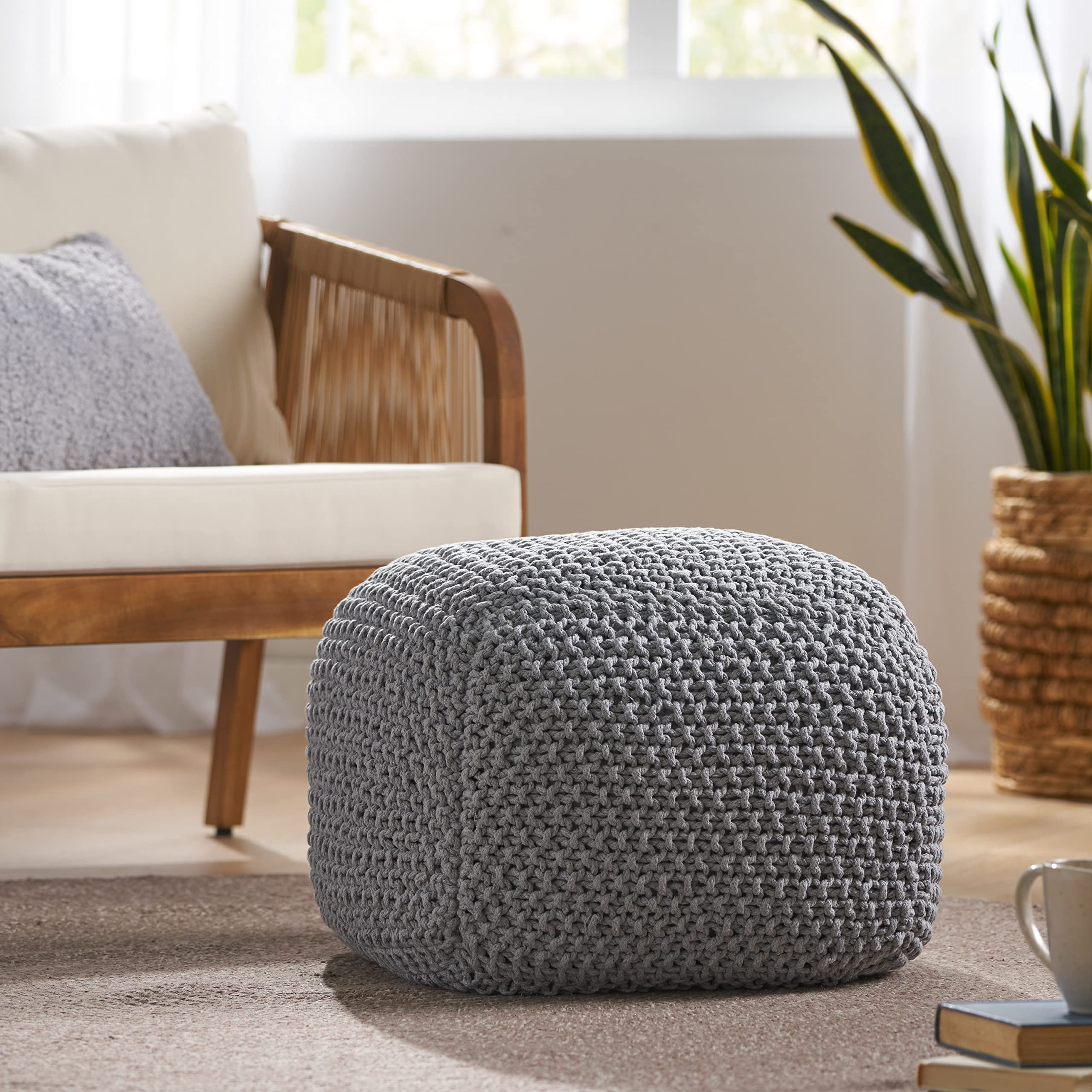 Teresa Knitted Cotton Square Pouf,Ottomans and Poufs