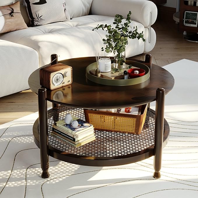 Rattan Coffee Table for Living Room, 2-Tier Solid Wood Round Center Table