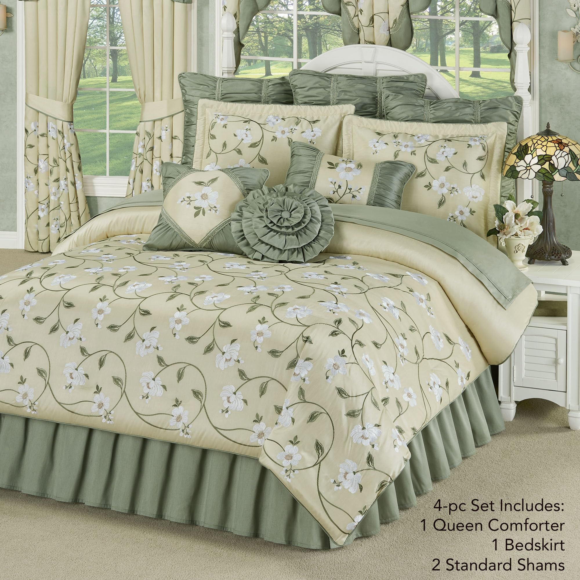 Luxurious Garden Walk Bedding | Sophisticated Polyester Faux Silk Quilted Magnolia Flower Embroidery | Vanilla Cream Sage | 4 Piece Set: Queen Oversized Comforter, 2 Standard Shams, Bedskirt