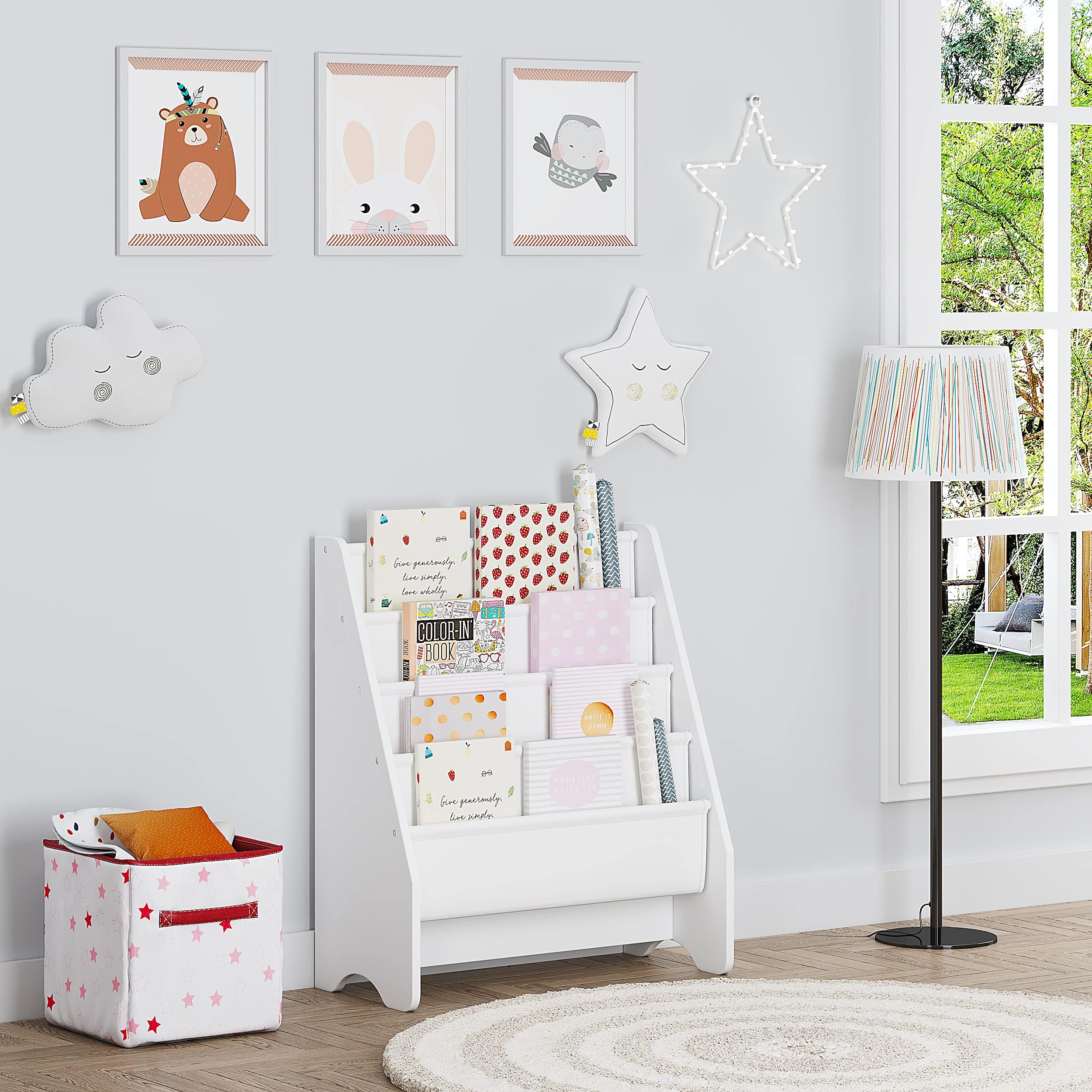 Bookshelf Storage, Book Shelf for Kids Rooms, 4 Tier Sling Toddler Bookshelf