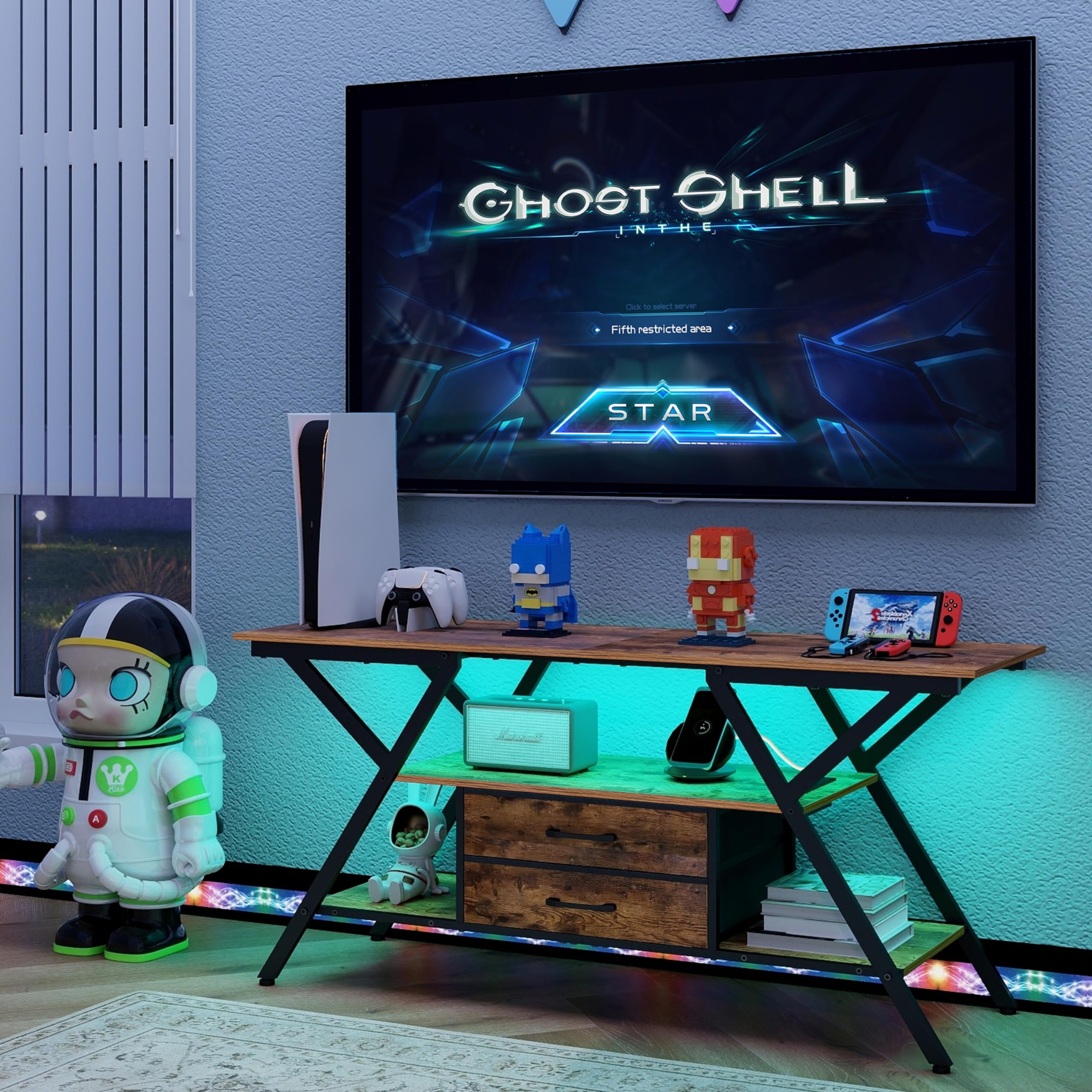 TV Stand with Power Outlet and LED Lights, Fits TVs up to 65”