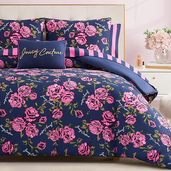 Rose Logo Twin Comforter Set, Navy/Pink – 6-Piece Complete Bed in a Bag