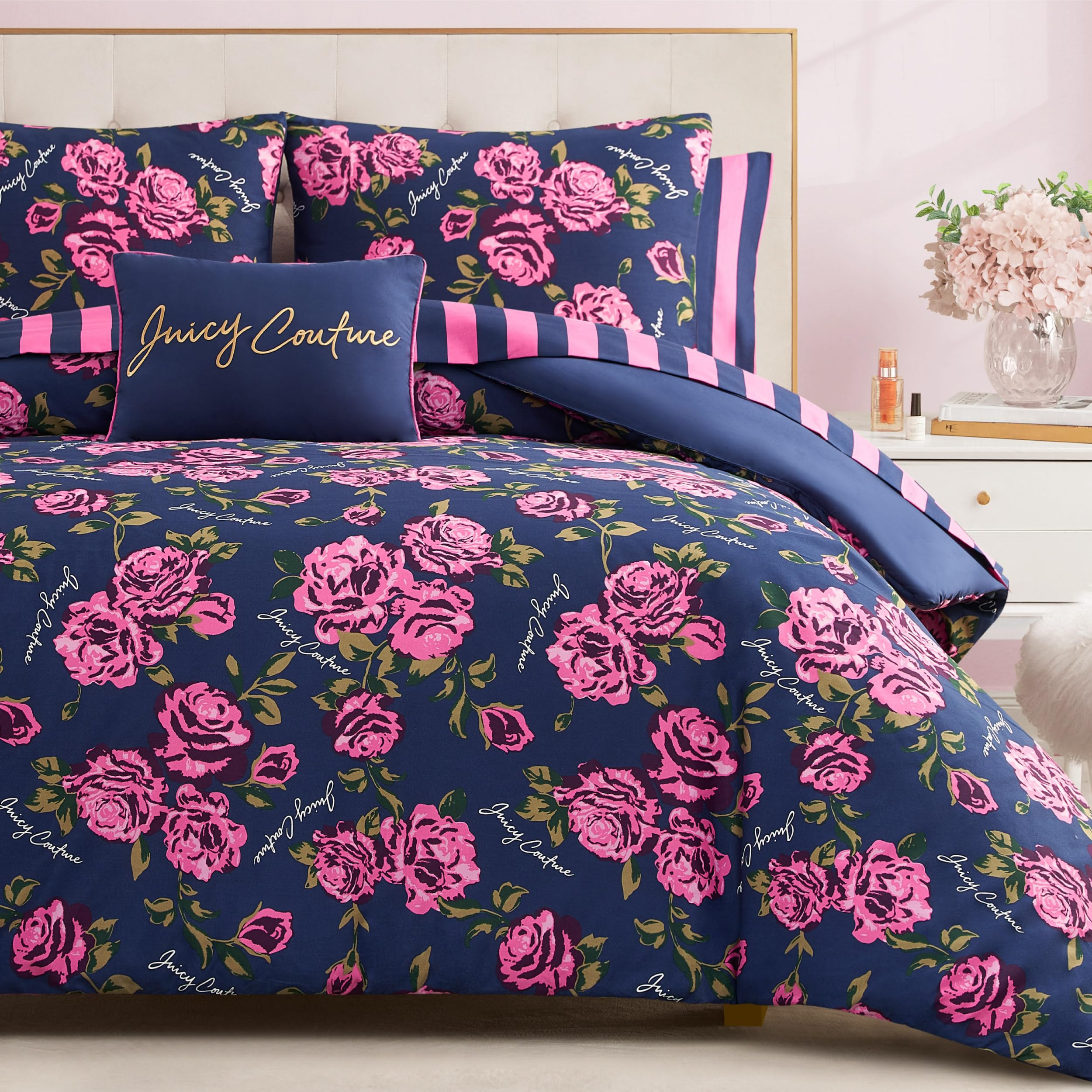 Rose Logo Twin Comforter Set, Navy/Pink – 6-Piece Complete Bed in a Bag