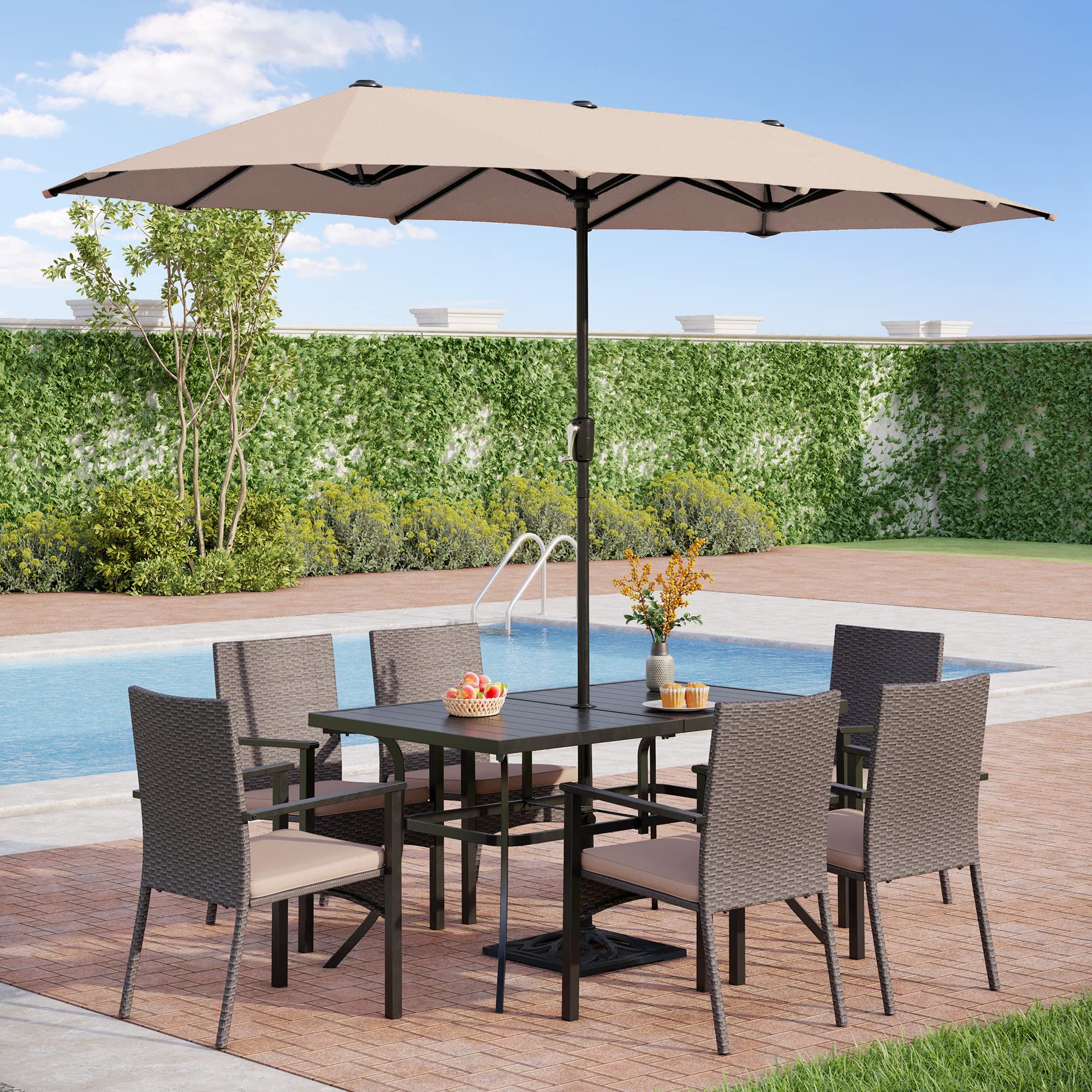 6-Person Outdoor Metal Steel Slat Dining Rectangle Table with Adjustable Umbrella Hole