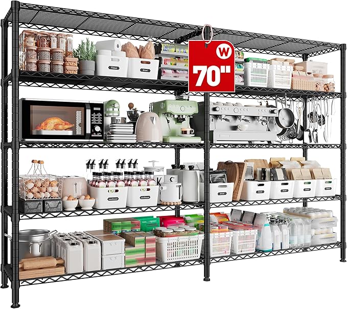 70" W Storage Shelves Load 1600LBS, Metal Shelving 5-Tier Wire Shelving Unit Metal Shelves for Storage Adjustable Shelving Rack for Pantry Kitchen Garage 70" W*15.8" D*72.4" H