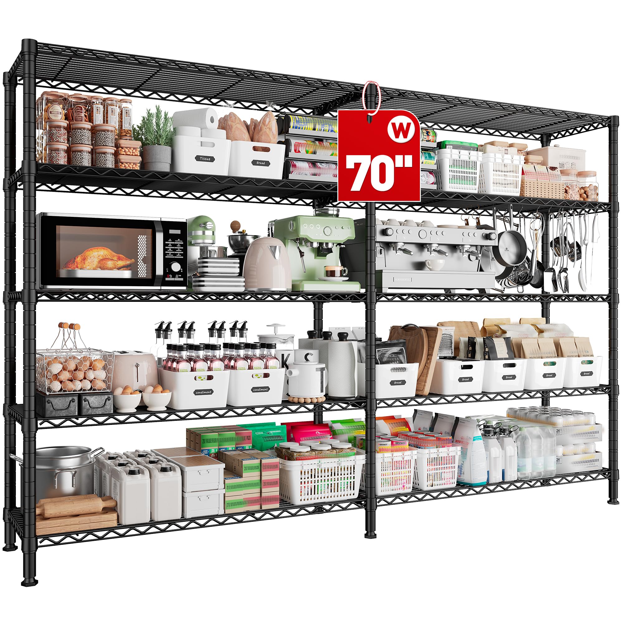 70" W Storage Shelves Load 1600LBS, Metal Shelving 5-Tier Wire Shelving Unit Metal Shelves for Storage Adjustable Shelving Rack for Pantry Kitchen Garage 70" W*15.8" D*72.4" H