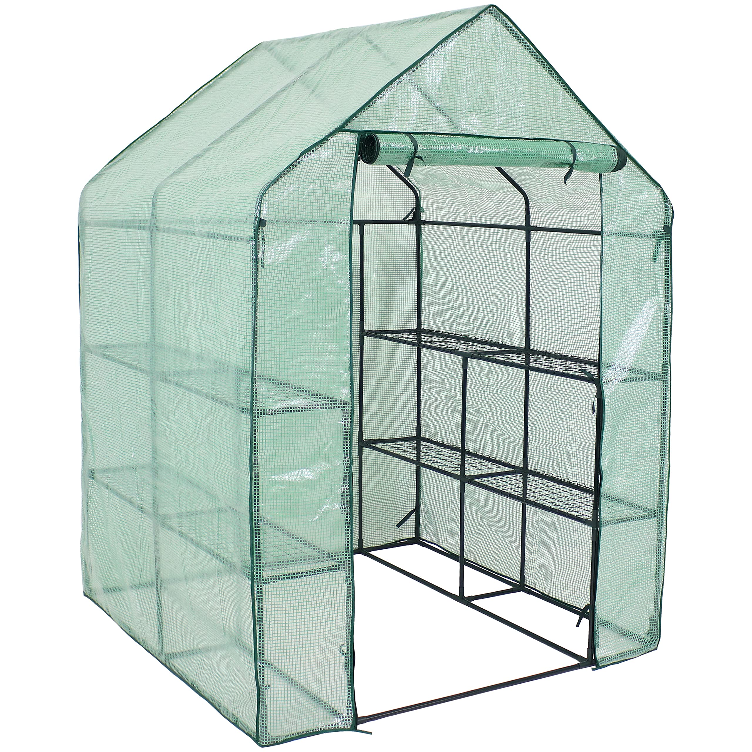 Portable Outdoor Grandeur Walk-in Greenhouse with 4 Steel Wire Shelves and Roll-Up Door