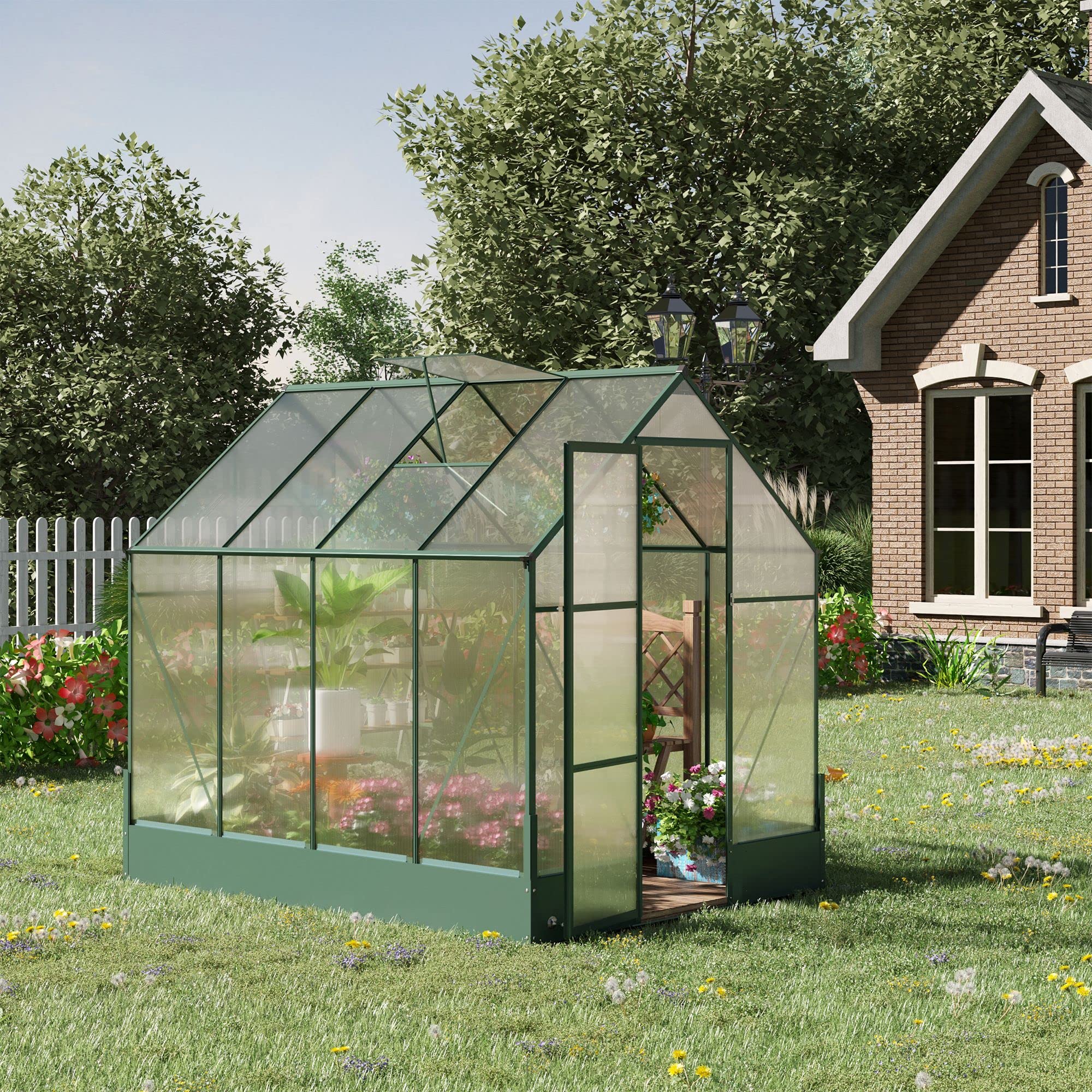 8' x 6' Greenhouse for Outdoors, Polycarbonate Greenhouse with Roof Vent and Rain Gutter