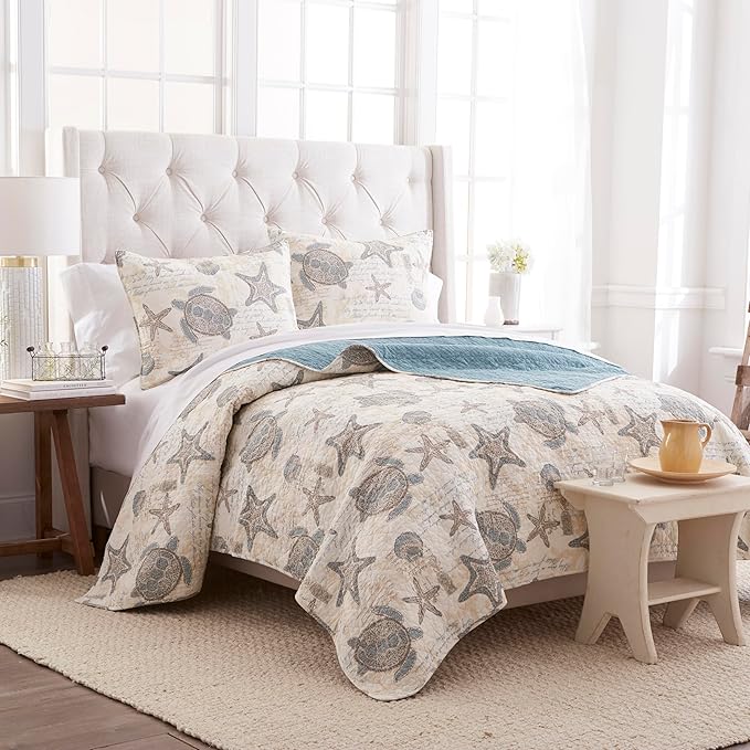 Amber Sands King 3 Piece Quilt Set Summer Beach Ocean Coastal Starfish Seaturtle