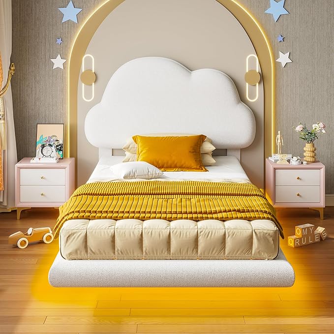 Twin Bed Frames with Cloud Headboard, Upholstered Boucle Floating Platform Bed