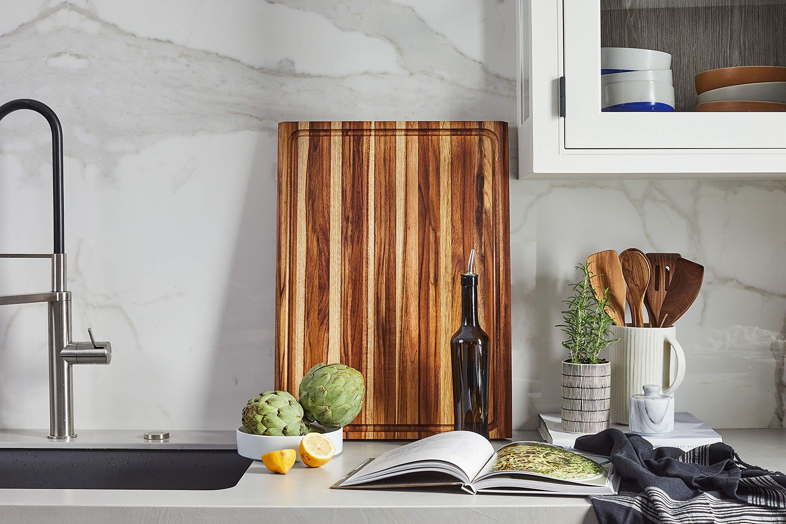 XXL Thick Edge Grain Teak Wood Cutting Board for Kitchen with Juice Groove