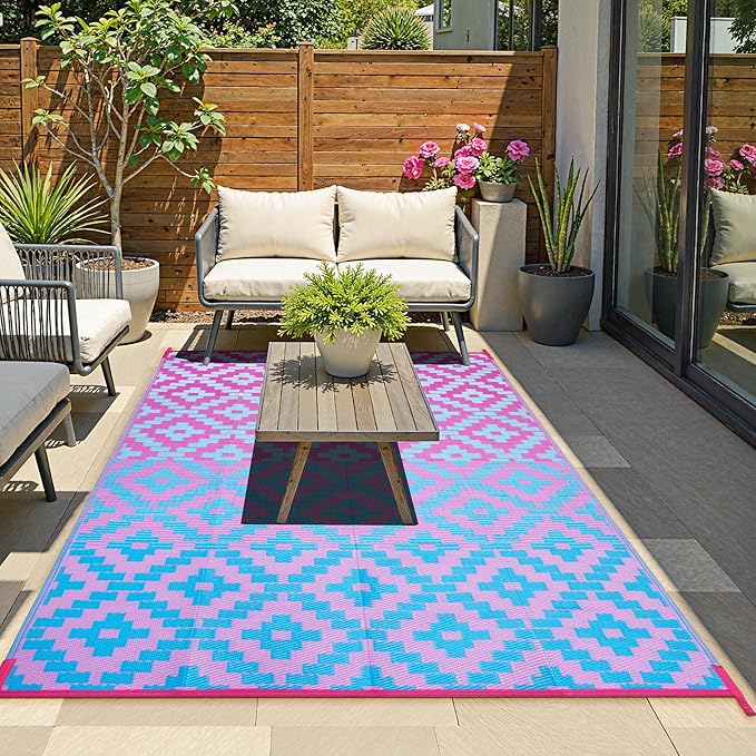 Ombre Outdoor Area Rugs 8x10 Waterproof, Reversible Plastic Straw Outside Rug